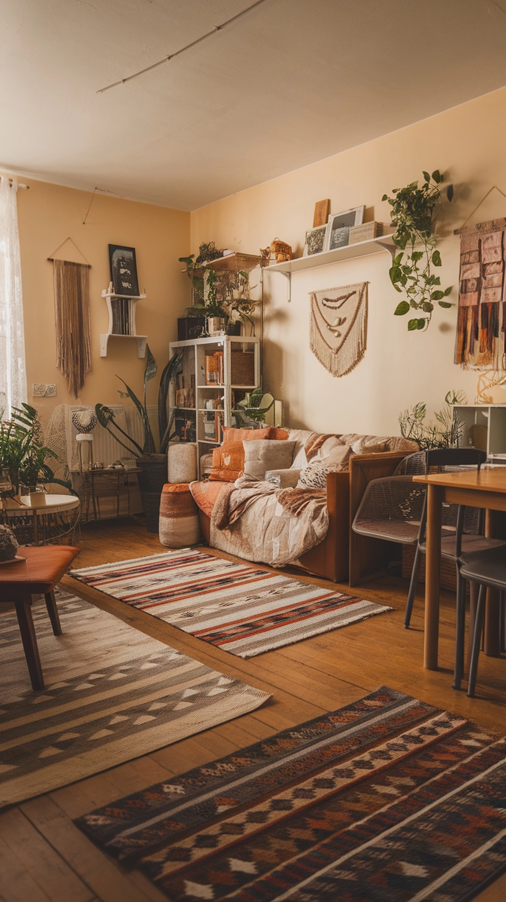 How to Create a Warm Apartment Aesthetic with Cozy Decor 3 A cozy living room featuring layered rugs with various patterns and colors, enhancing the warm apartment aesthetic.