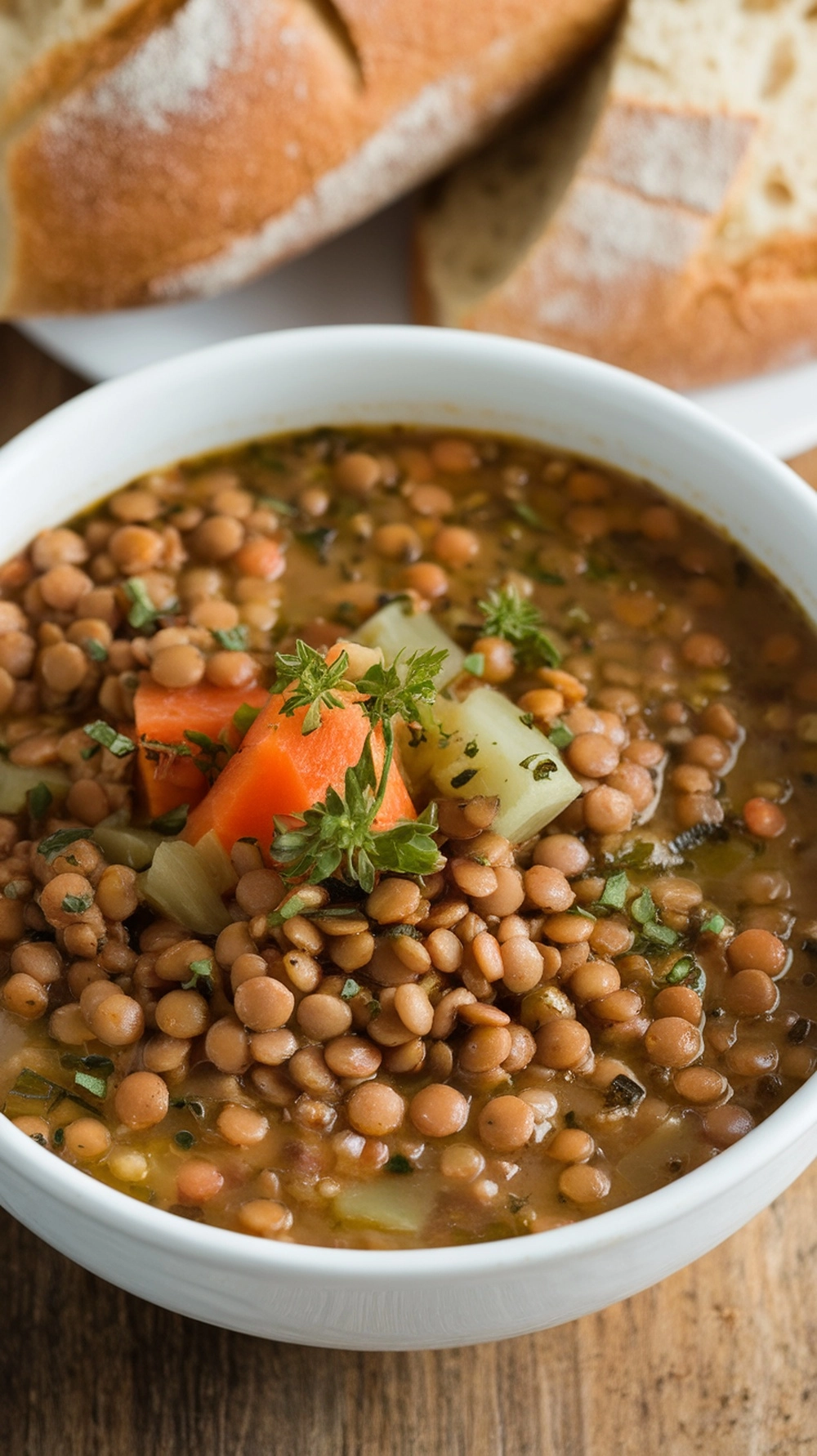Low-Calorie Dinner Recipes Under 500 Calories 11 A bowl of lentil soup with carrots and celery, served with slices of bread.