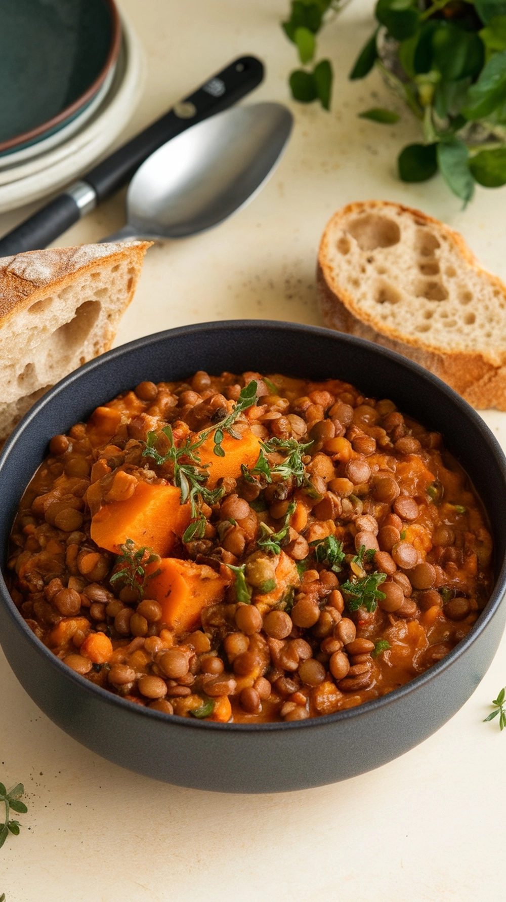 18 Easy and Delicious Fall Dinner Ideas for Cozy Nights 10 A bowl of lentil and sweet potato stew with fresh herbs, served with a slice of bread.