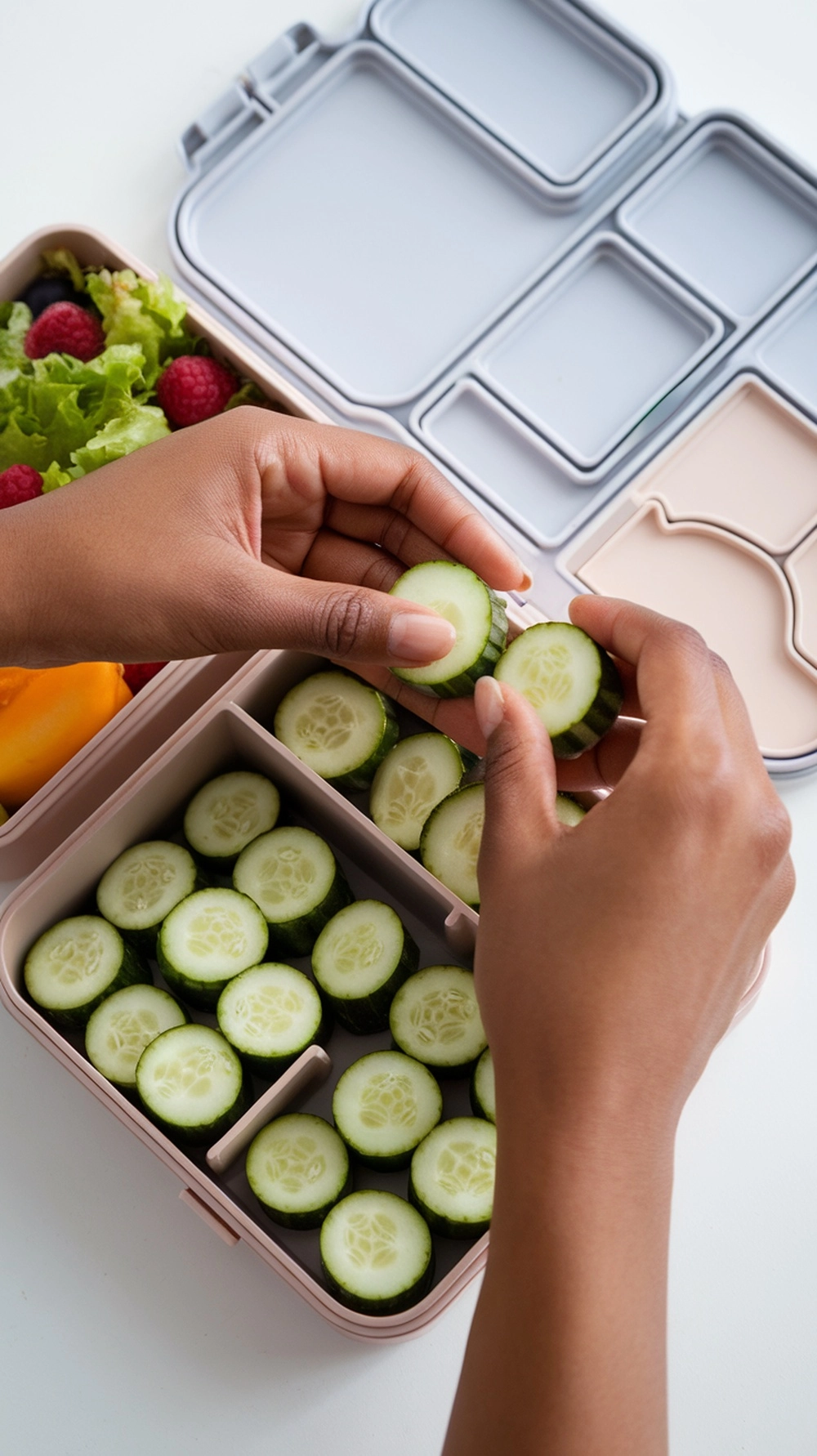 Quick & Refreshing Creamy Cucumber Snack 6 An overhead view of a person's hands packing creamy cucumber snacks into a modern bento lunchbox, creating a healthy and organized meal with a side salad and fresh fruit.