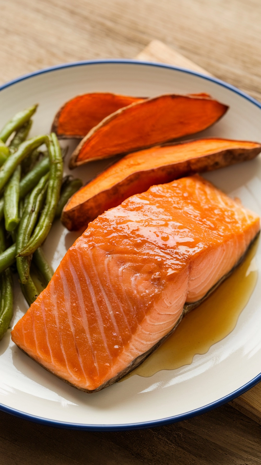 18 Easy and Delicious Fall Dinner Ideas for Cozy Nights 1 Fall Dinner Ideas- A plate of maple glazed salmon with sweet potatoes and green beans.