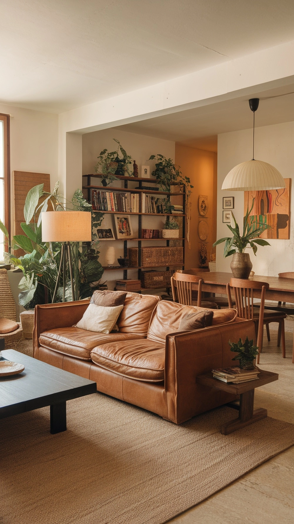 How to Create a Warm Apartment Aesthetic with Cozy Decor 10 A cozy living room with a leather sofa, dining area, and plants, showcasing a warm apartment aesthetic.