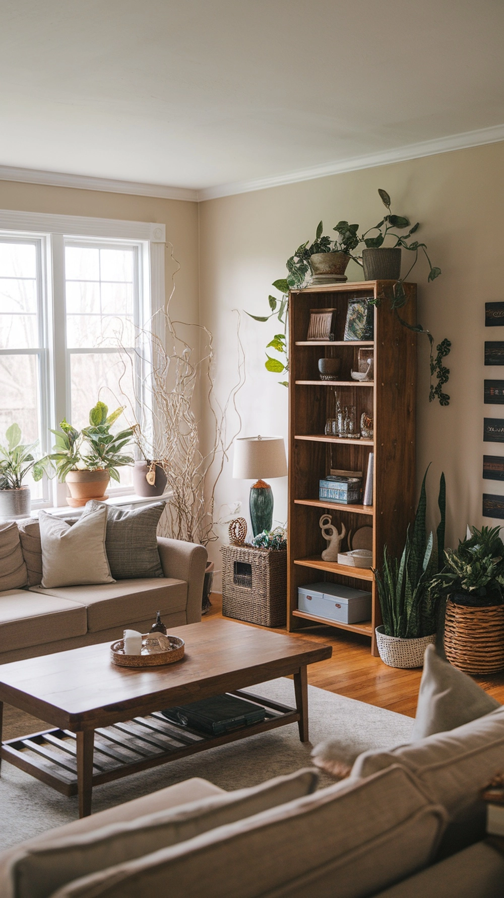 Cozy fall living room with natural elements, plants, and warm colors