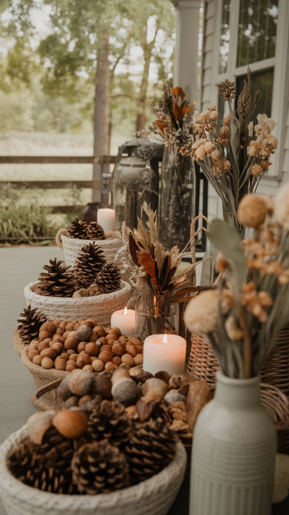 18 Cozy Fall Porch Decor Ideas to Welcome Autumn 11 A cozy fall porch decorated with pinecones, acorns, dried flowers, and candles.
