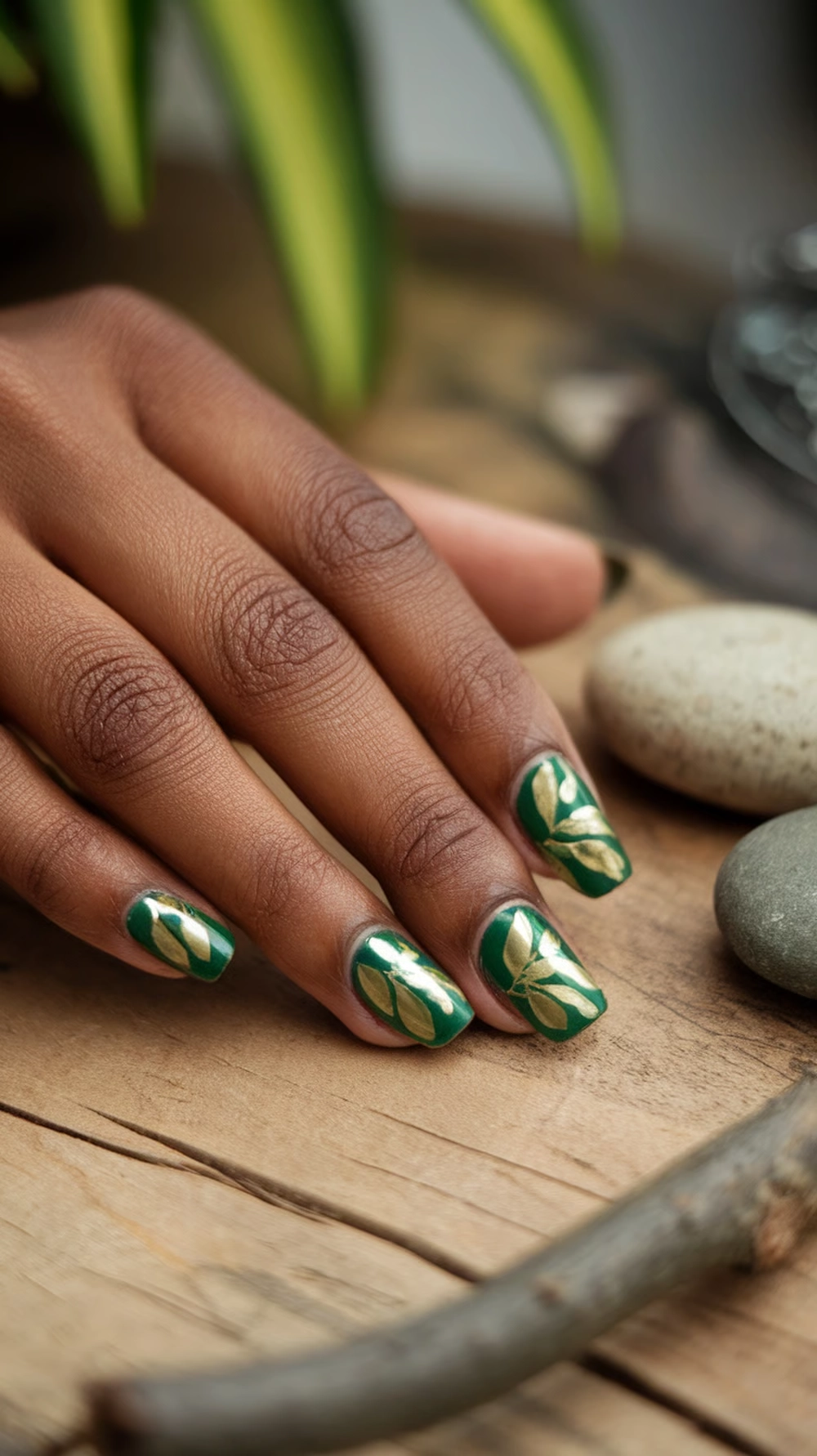 16 Cute Boho Nail Ideas You’ll Love 12 Close-up of hands with nature-inspired leaf pattern nails in green and gold, featuring gems.