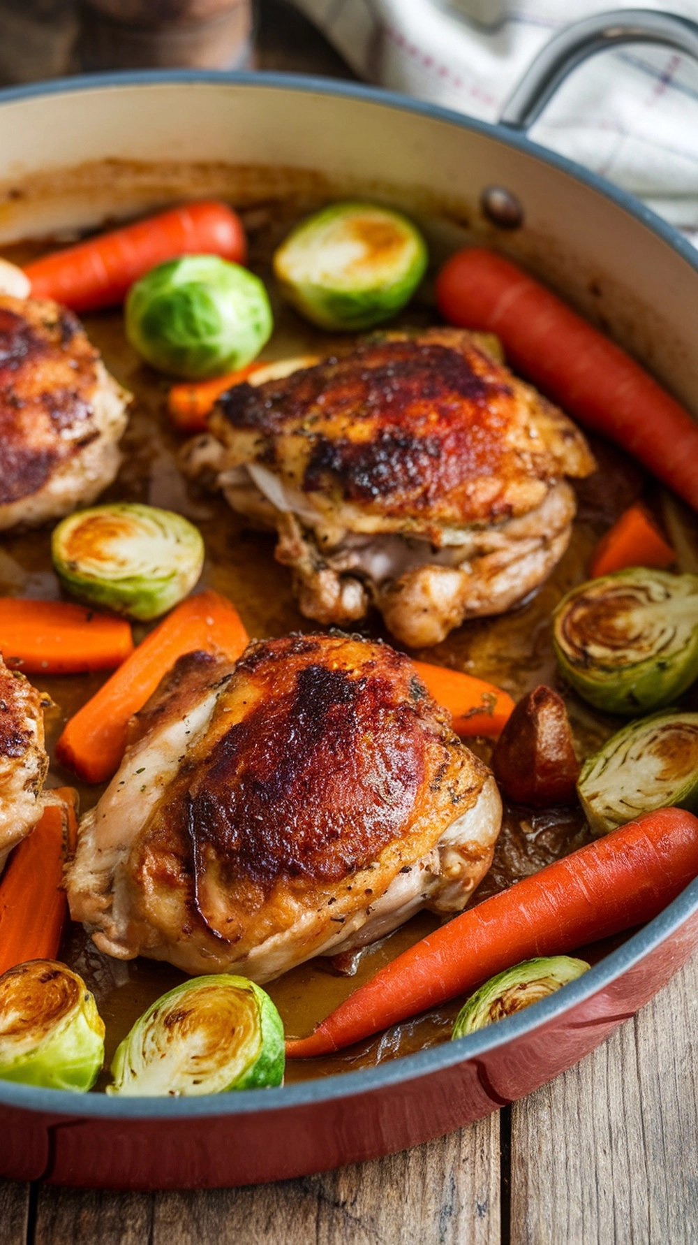 18 Easy and Delicious Fall Dinner Ideas for Cozy Nights 3 A one-pan meal featuring roasted chicken thighs with carrots and Brussels sprouts.