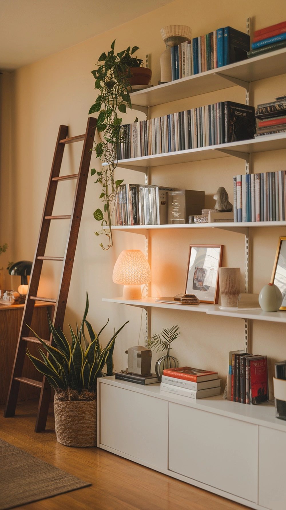 How to Create a Warm Apartment Aesthetic with Cozy Decor 12 Open shelving displaying books, plants, and decorative items in a warm apartment aesthetic.