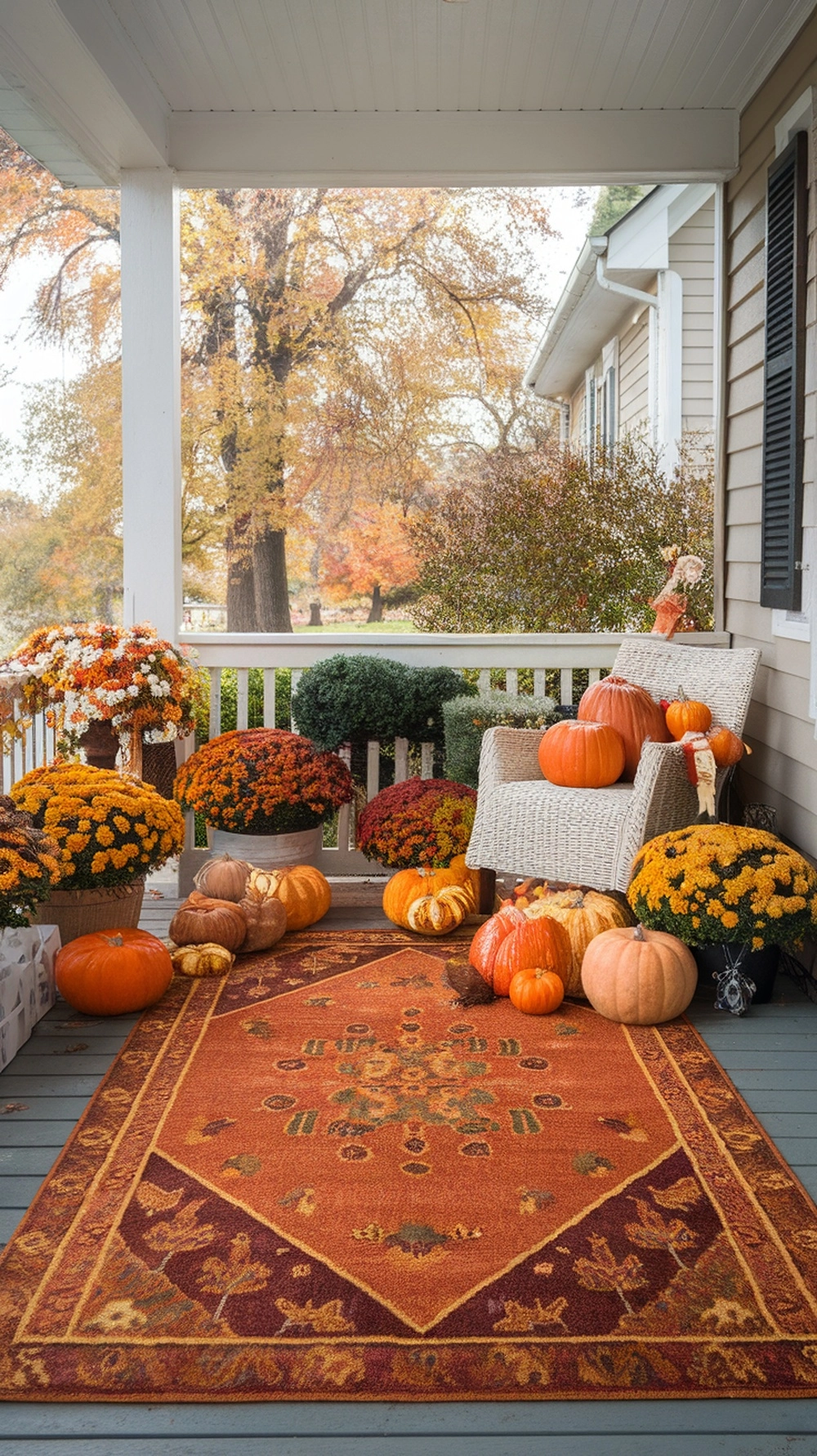 18 Cozy Fall Porch Decor Ideas to Welcome Autumn 16 A cozy fall porch decorated with an orange rug, pumpkins, and colorful mums.