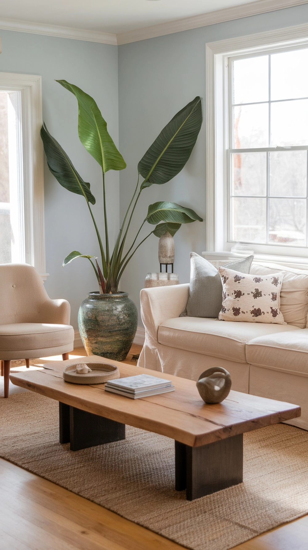 Cozy living room with large windows, neutral sofa, rustic coffee table, and tall plant.