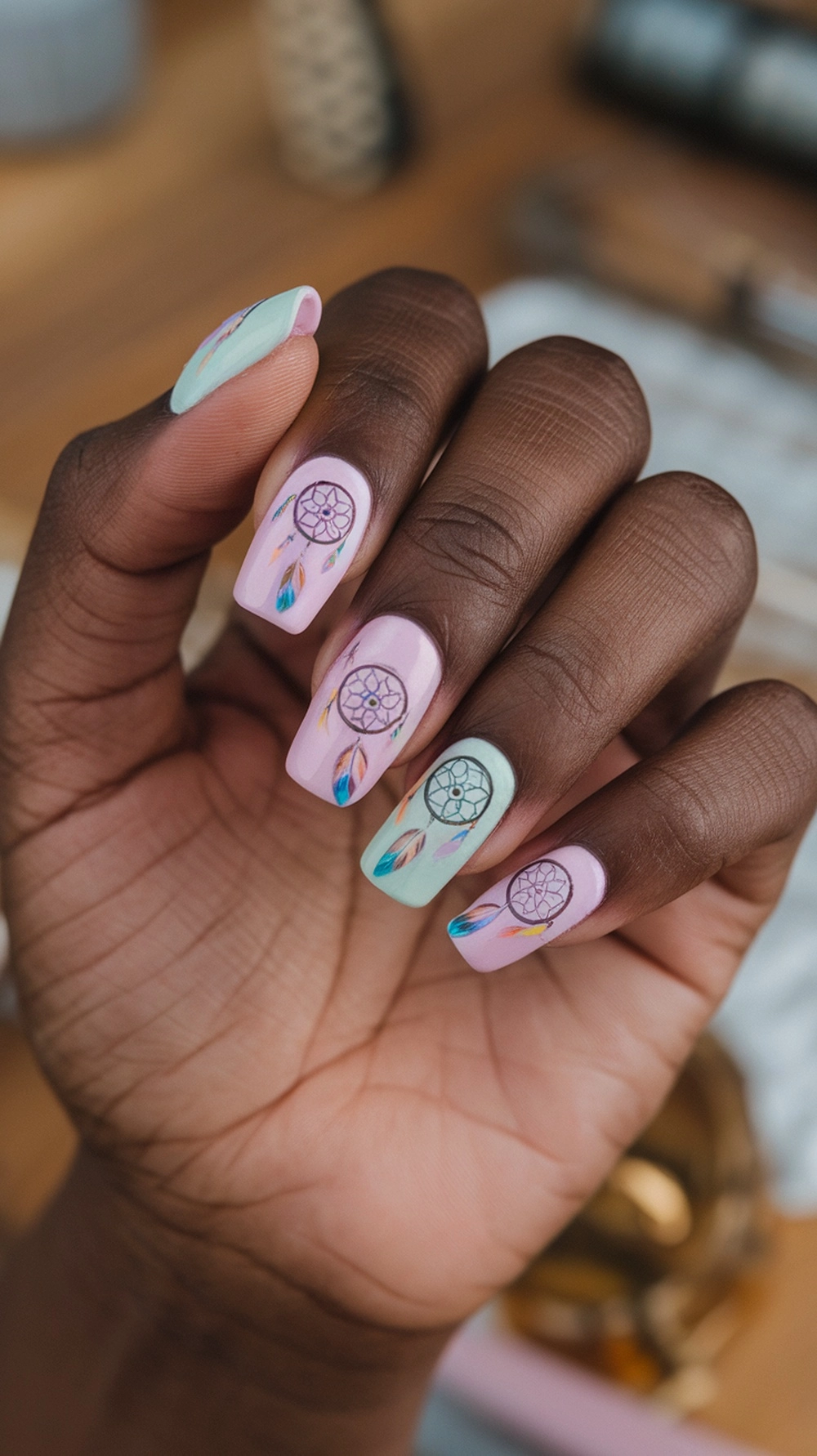 16 Cute Boho Nail Ideas You’ll Love 2 A hand with pastel dreamcatcher nail designs featuring soft colors and intricate patterns.