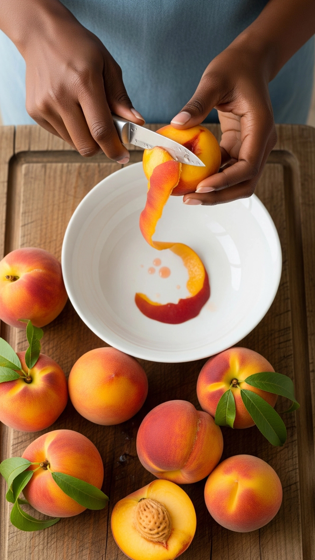 The Ultimate Fresh Peach Pie Recipe (How to Get It Perfect) 4 A vertical, top-down shot of a Black woman's hands gently peeling a ripe, blushing peach over a white bowl, with the peel coming off in a perfect curl.