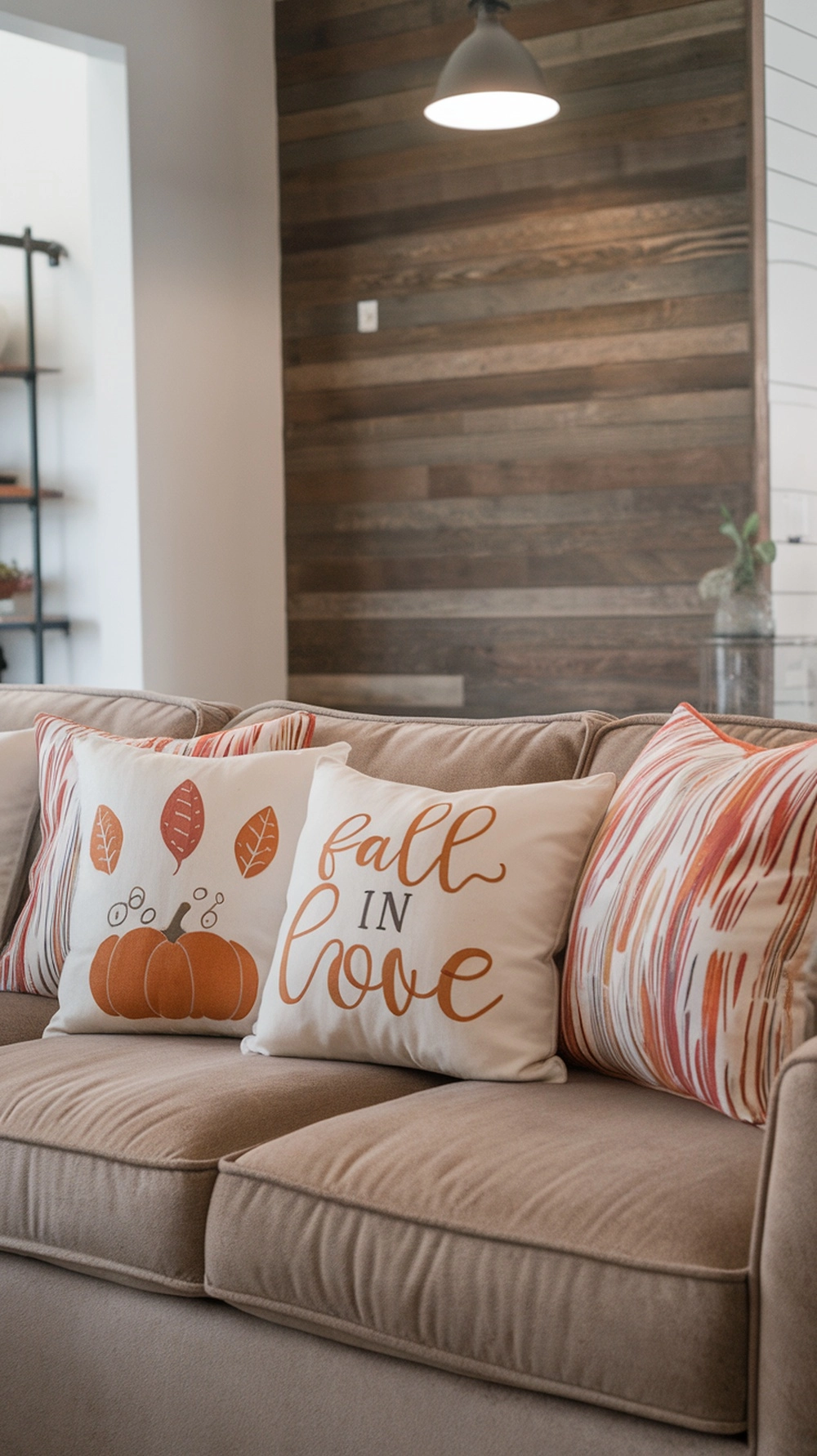 Cozy fall living room with personalized throw pillows featuring autumn designs.