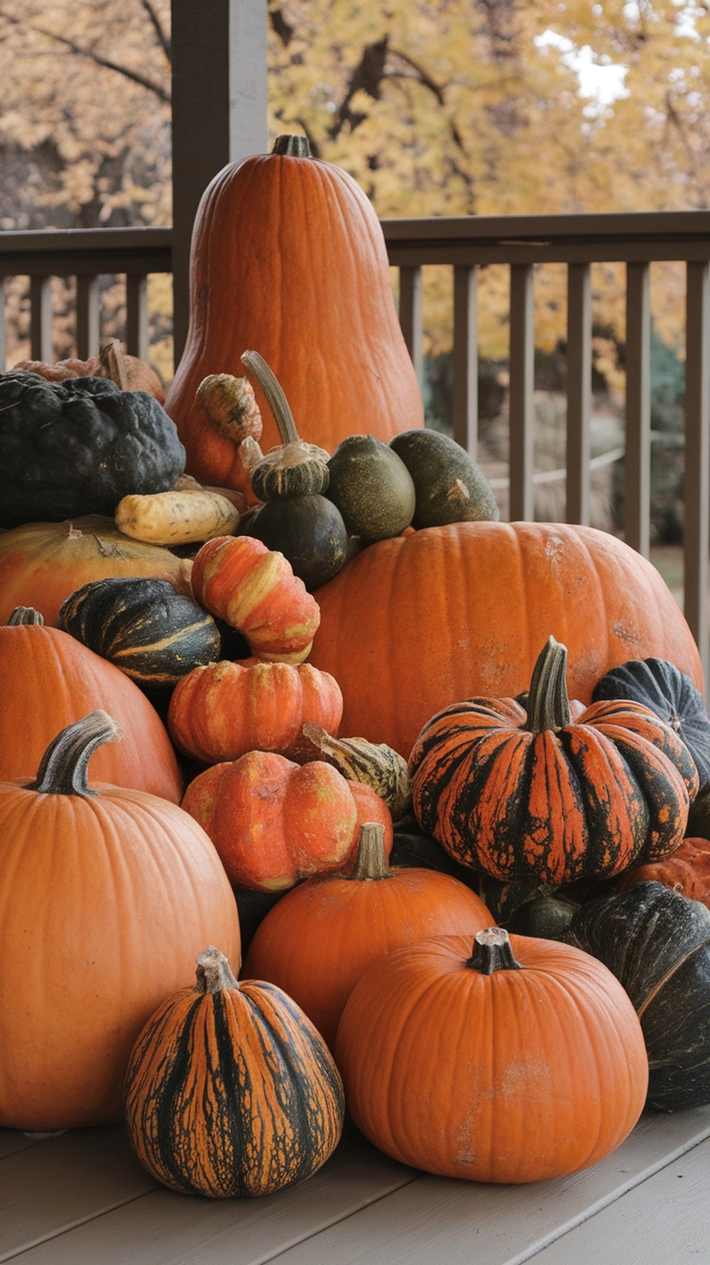 18 Cozy Fall Porch Decor Ideas to Welcome Autumn 8 A variety of pumpkins arranged on a porch, showcasing different shapes and colors, surrounded by autumn foliage.