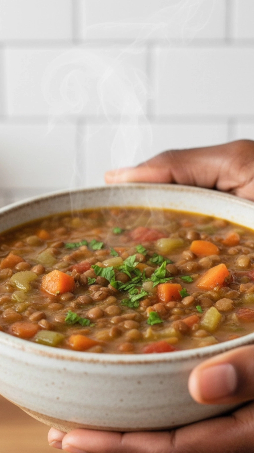 Easy Weeknight Dinner Meal Plan for a Healthy Week 5 Hands hold a steaming bowl of hearty lentil soup, garnished with fresh parsley. The focus is on the warm, comforting, and nutritious one-pot meal.