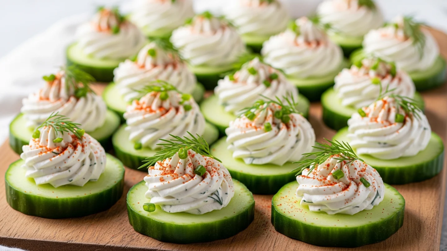 Quick & Refreshing Creamy Cucumber Snack 1 A beautiful platter of creamy cucumber snacks on a wooden board. Each cucumber slice is neatly topped with a piped rosette of herby cream cheese and garnished with fresh dill and a sprinkle of paprika, presented in a bright, refreshing style.
