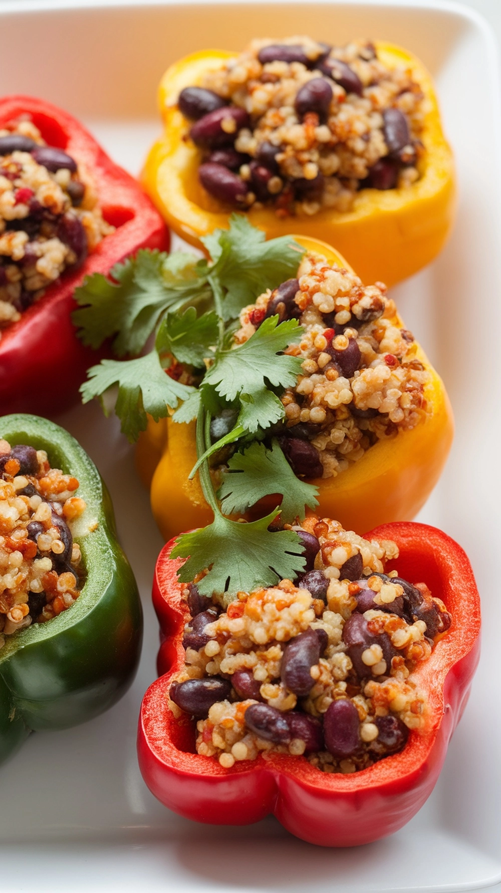 Low-Calorie Dinner Recipes Under 500 Calories 7 Colorful bell peppers stuffed with quinoa and black beans, garnished with cilantro.