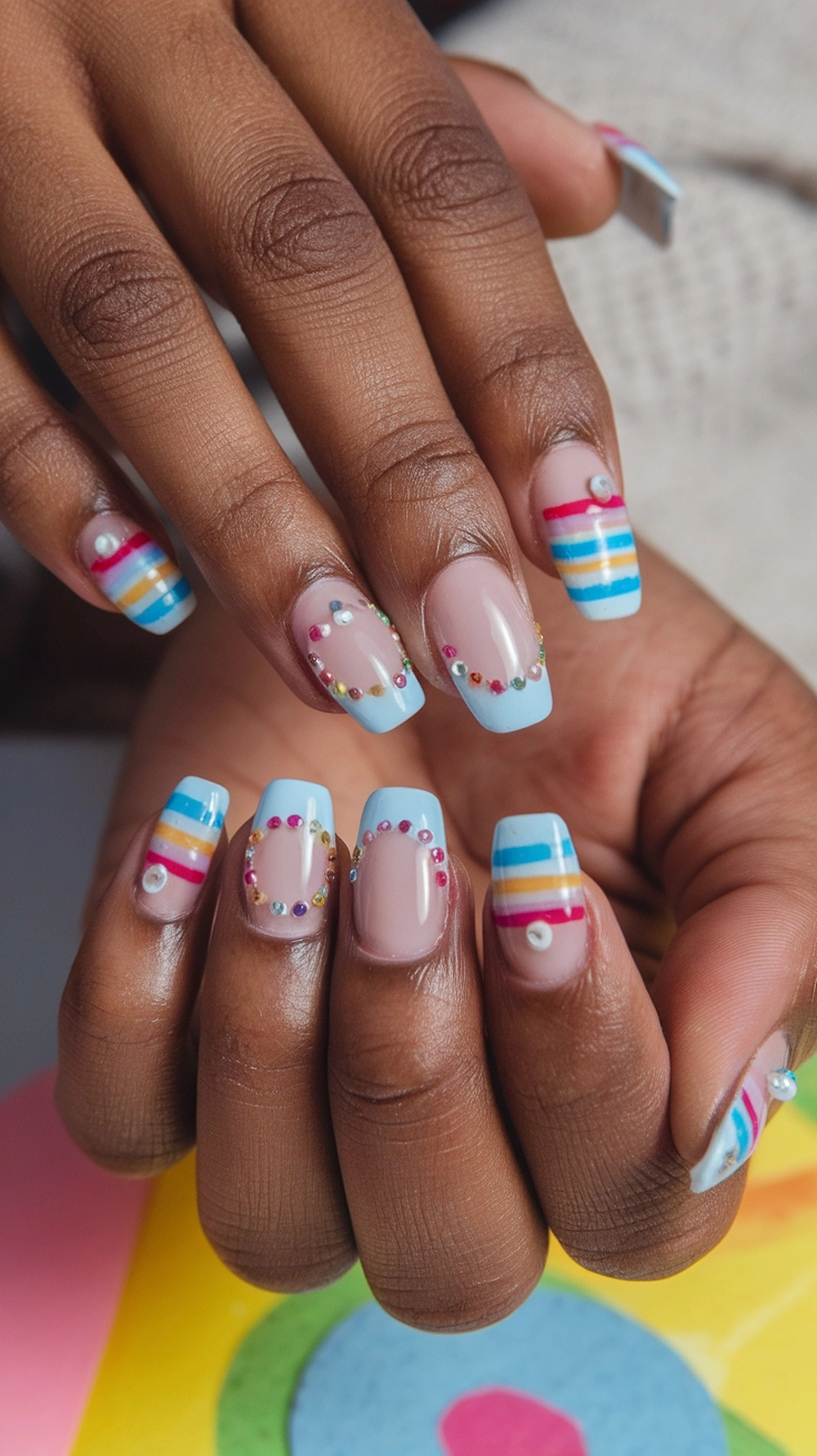 16 Cute Boho Nail Ideas You’ll Love 18 Colorful boho nail design featuring rainbow stripes and gems