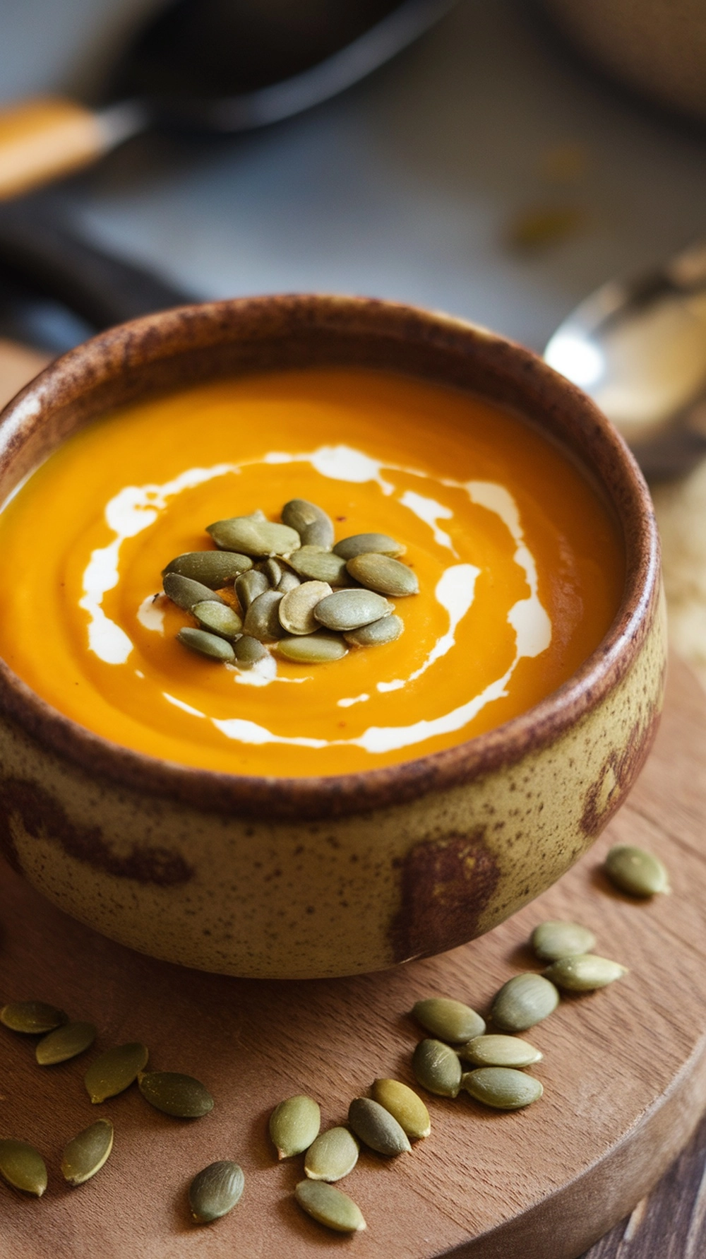 18 Easy and Delicious Fall Dinner Ideas for Cozy Nights 5 A bowl of roasted butternut squash soup topped with cream and pumpkin seeds.