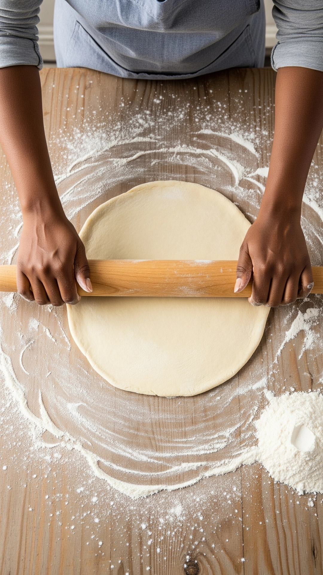 The Ultimate Fresh Peach Pie Recipe (How to Get It Perfect) 6 An overhead view of a Black woman's hands using a wooden rolling pin to roll out a disk of pie dough into a large circle on a floured surface.