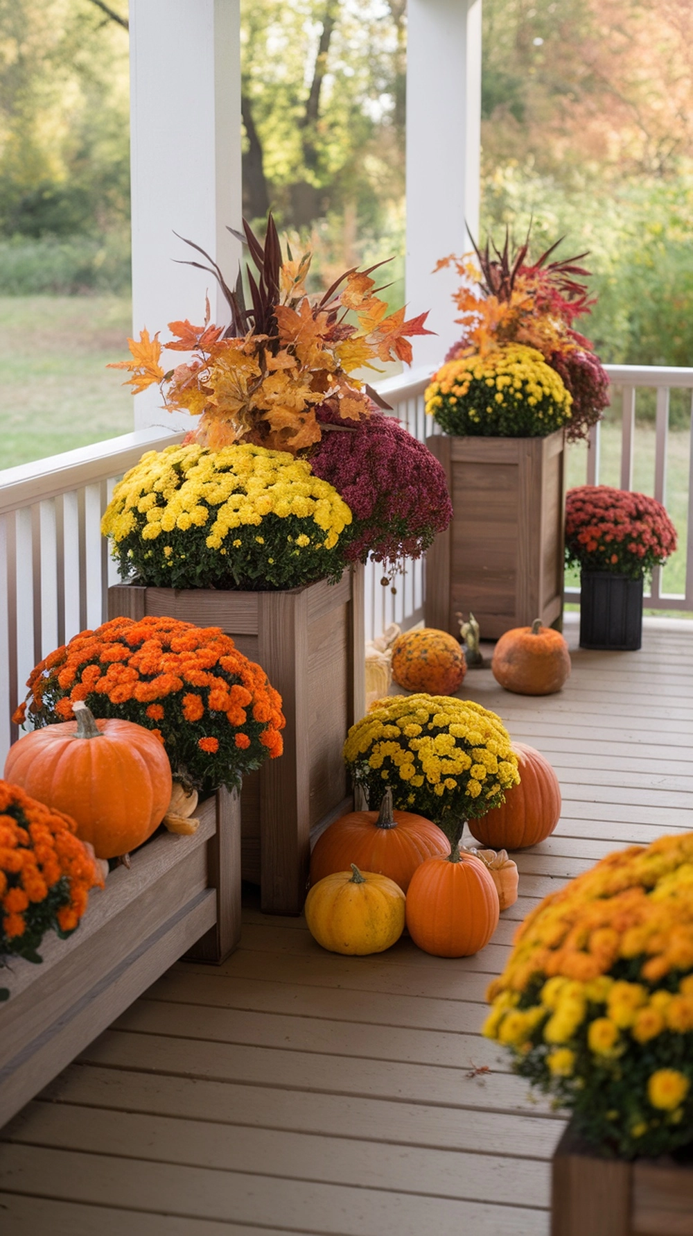 18 Cozy Fall Porch Decor Ideas to Welcome Autumn 9 Rustic porch with colorful fall flowers and pumpkins