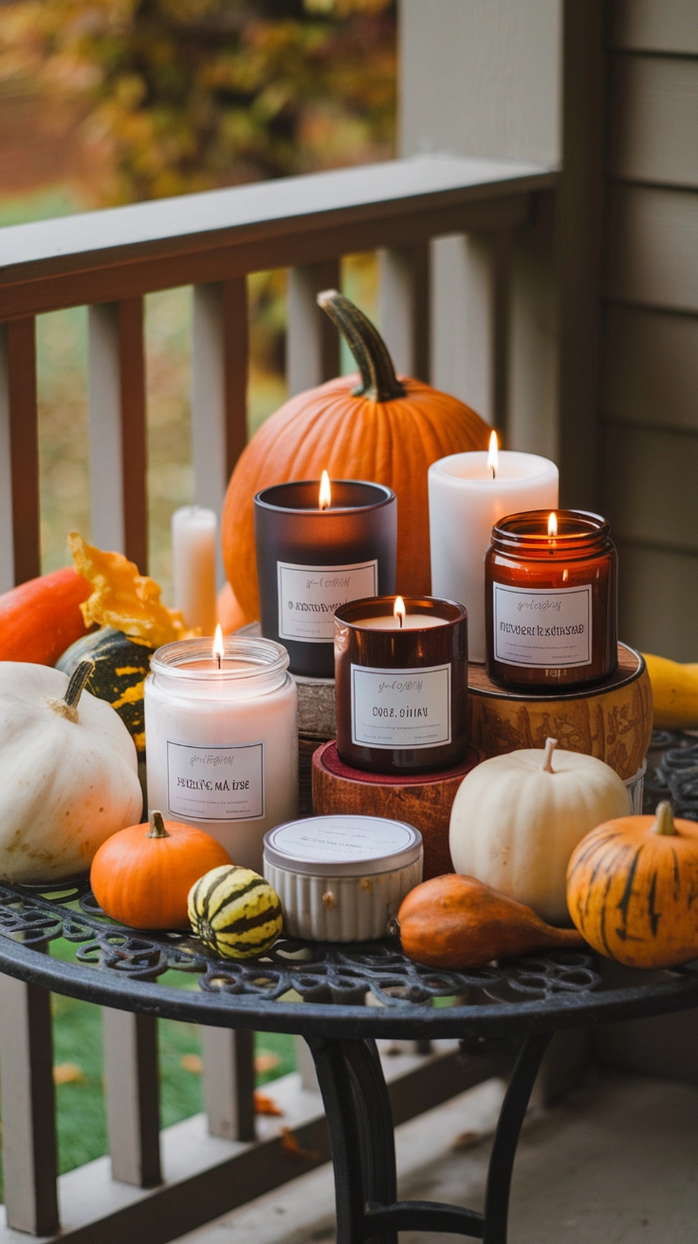 18 Cozy Fall Porch Decor Ideas to Welcome Autumn 13 A cozy fall porch scene featuring various scented candles surrounded by pumpkins and gourds.