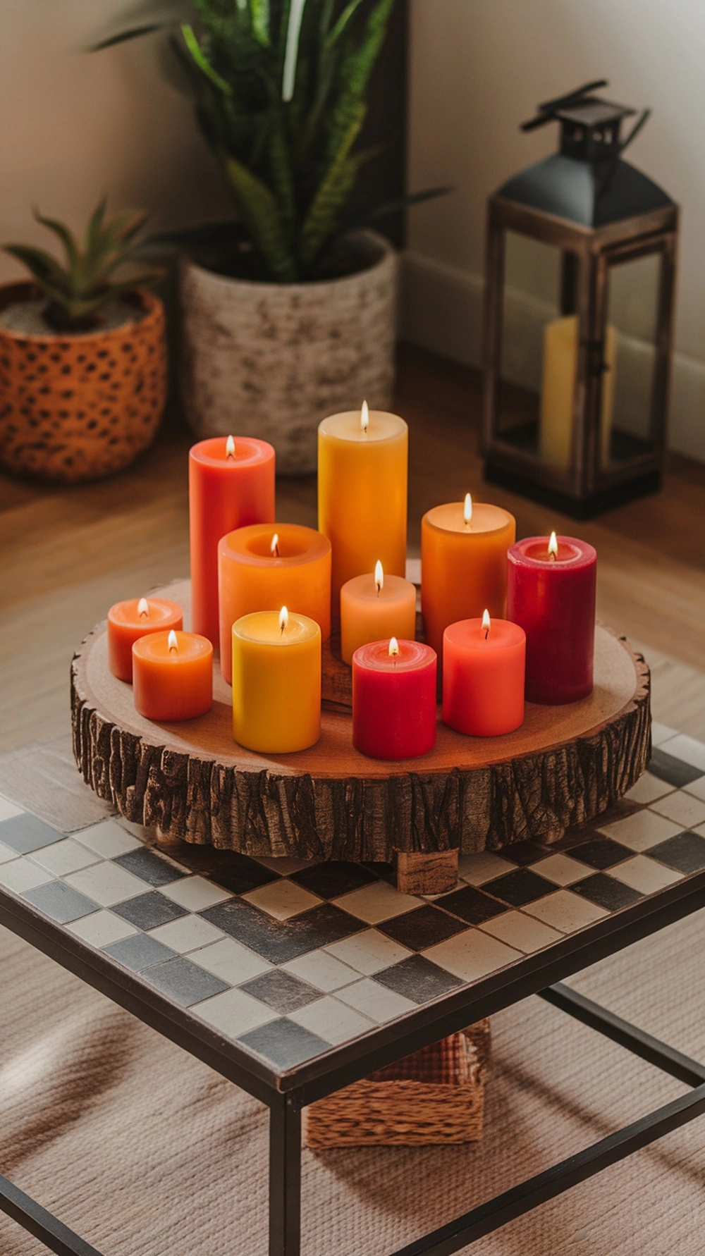 17 Cozy Coffee Table Fall Decor Ideas to Warm Your Home 2 A cozy coffee table decorated with colorful fall candles arranged on a wooden tray.