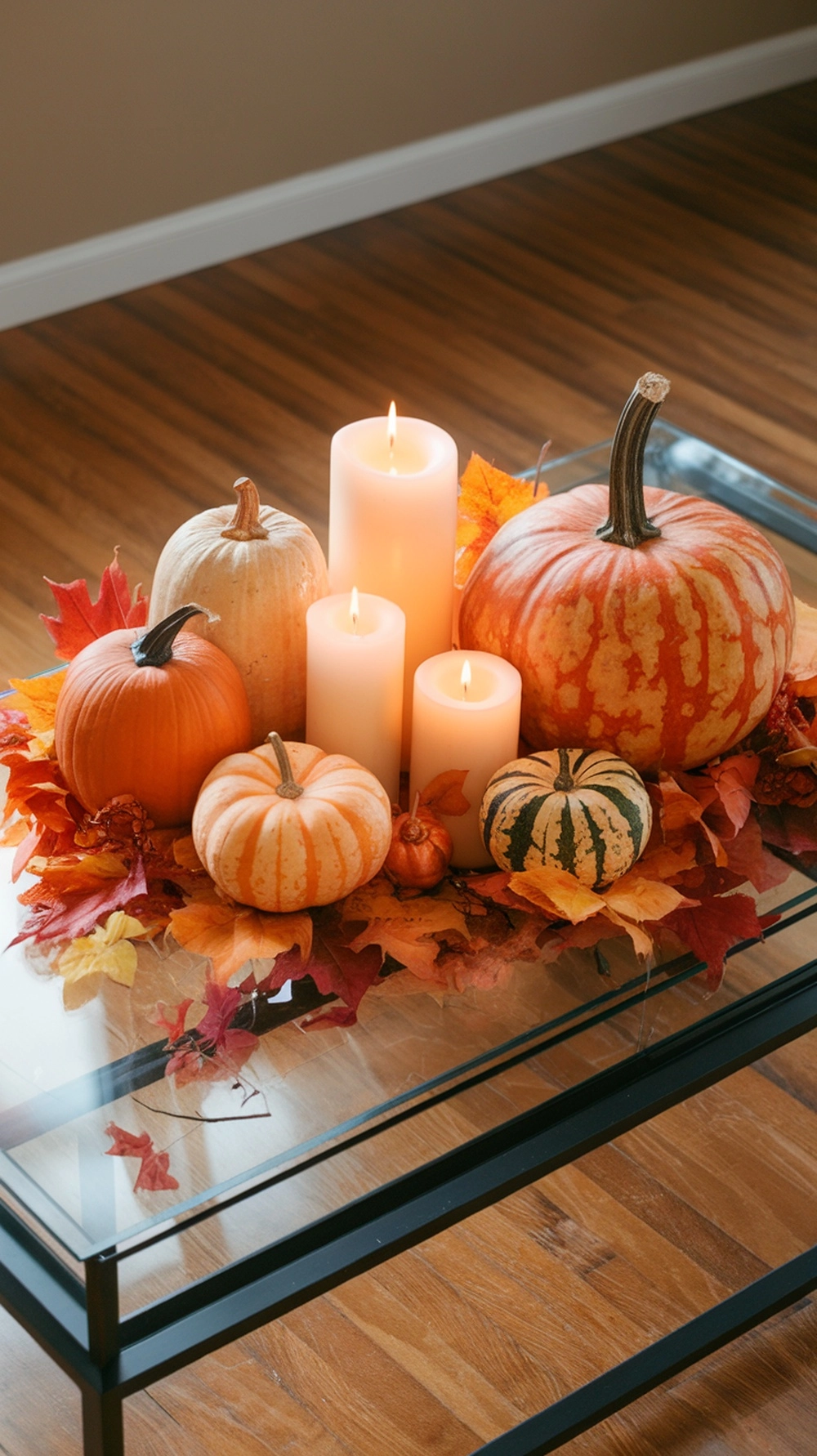 A cozy fall living room centerpiece featuring pumpkins, candles, and autumn leaves