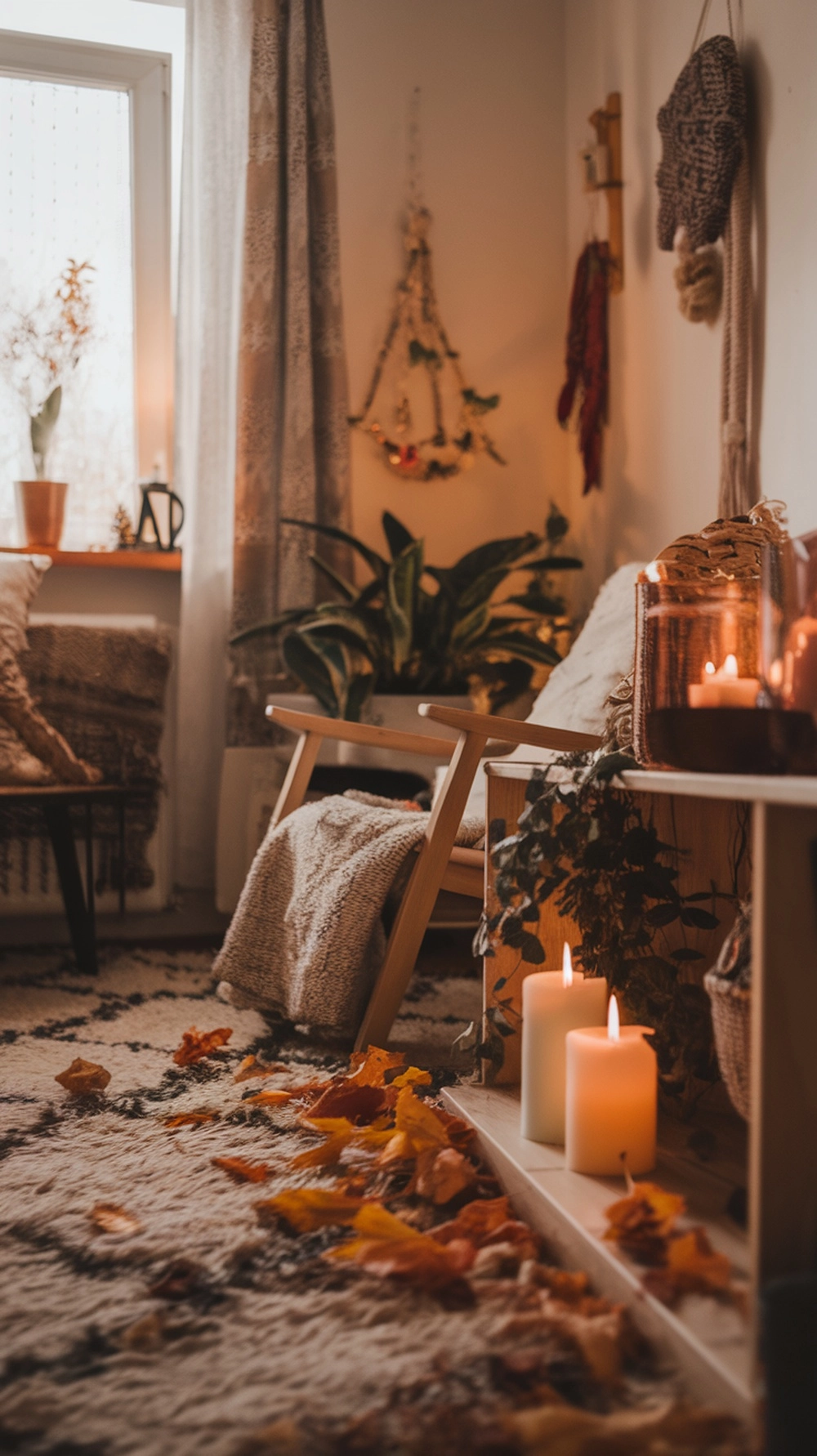 How to Create a Warm Apartment Aesthetic with Cozy Decor 18 A cozy apartment corner with candles, autumn leaves, and warm lighting.