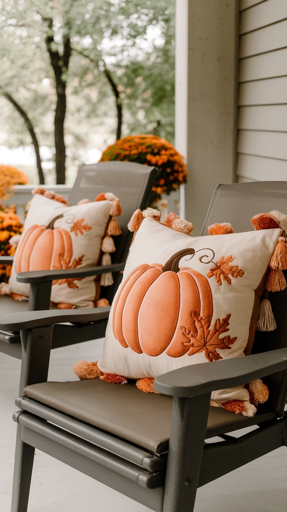 18 Cozy Fall Porch Decor Ideas to Welcome Autumn 10 Cozy porch with pumpkin-themed pillows and autumn flowers