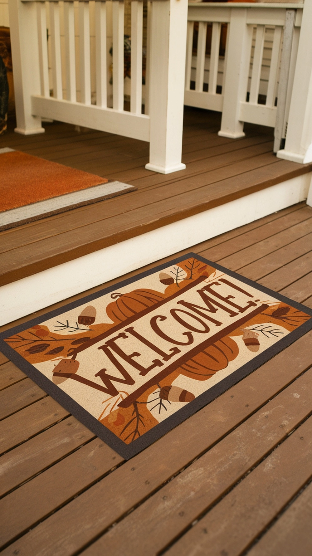 18 Cozy Fall Porch Decor Ideas to Welcome Autumn 3 A colorful welcome mat with pumpkins and leaves on a wooden porch.