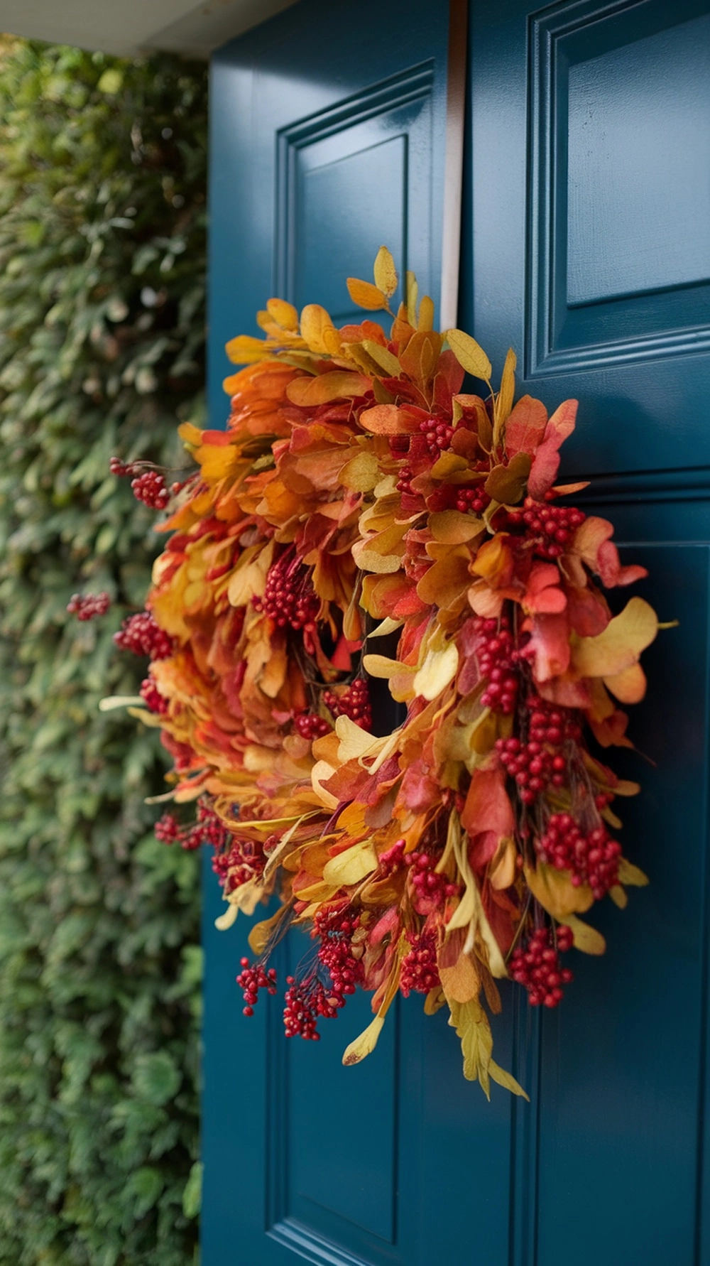 18 Cozy Fall Porch Decor Ideas to Welcome Autumn 5 A colorful autumn wreath with orange, yellow, and red leaves and berries hanging on a blue door.