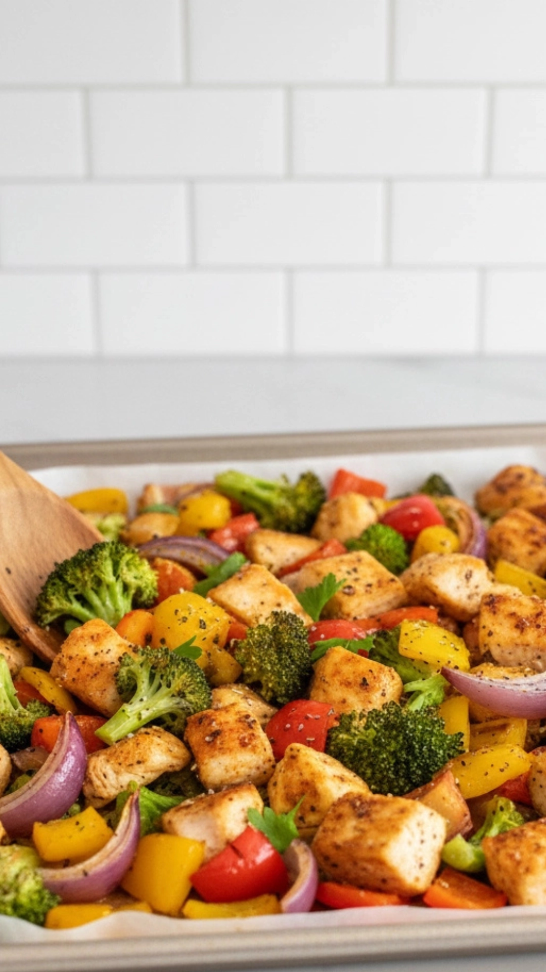 Easy Weeknight Dinner Meal Plan for a Healthy Week 4 A hand uses a wooden spoon to toss lemon herb chicken and colorful vegetables (broccoli, bell peppers, red onion) on a baking sheet. The roasted dish is garnished with lemon slices, illustrating a simple, one-pan healthy dinner.