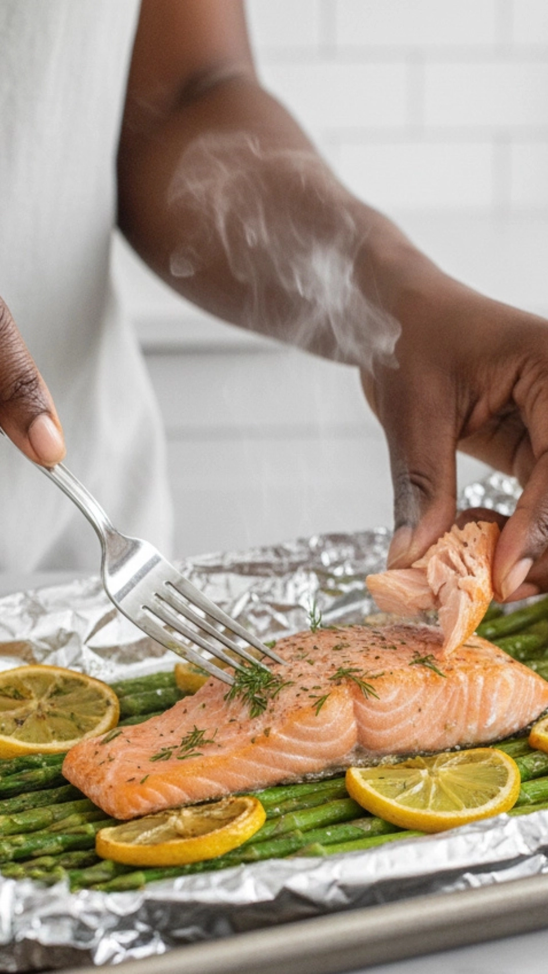 Easy Weeknight Dinner Meal Plan for a Healthy Week 6 A hand with a fork gently flakes cooked salmon from a foil packet, nestled with asparagus and lemon slices. Steam rises from the fresh, healthy baked fish, emphasizing quick and easy preparation.