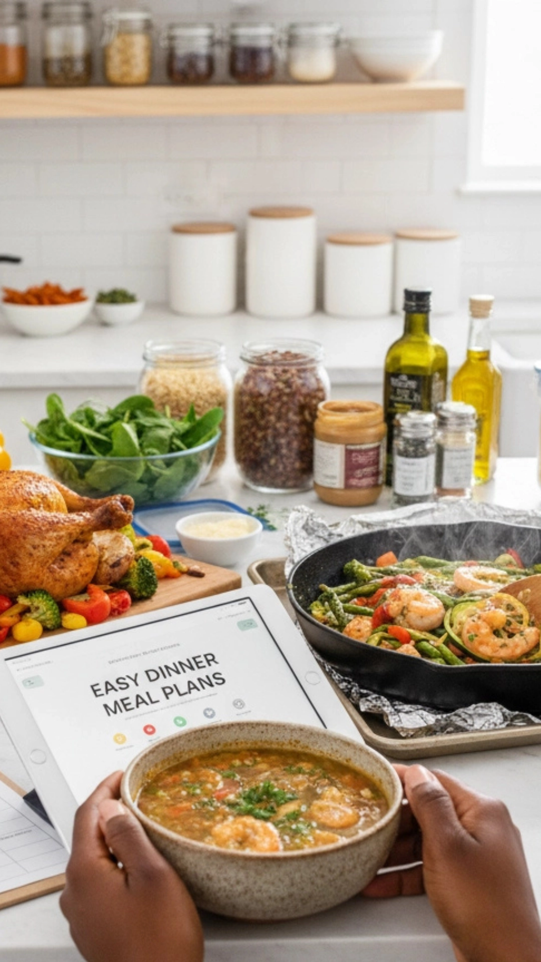 Easy Weeknight Dinner Meal Plan for a Healthy Week 8 Hands are stirring shrimp and zucchini noodles in a black skillet with a wooden spoon. The dish is cooking on a stovetop, illustrating the fast and fresh preparation of this healthy meal.