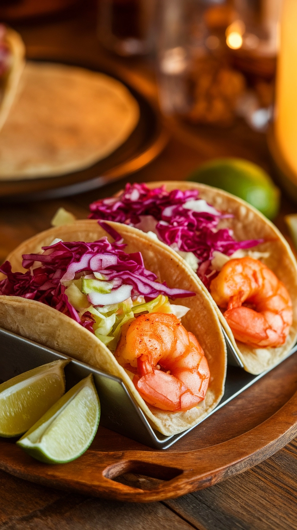 Low-Calorie Dinner Recipes Under 500 Calories 2 Spicy shrimp tacos with cabbage slaw served on a wooden platter with lime wedges.