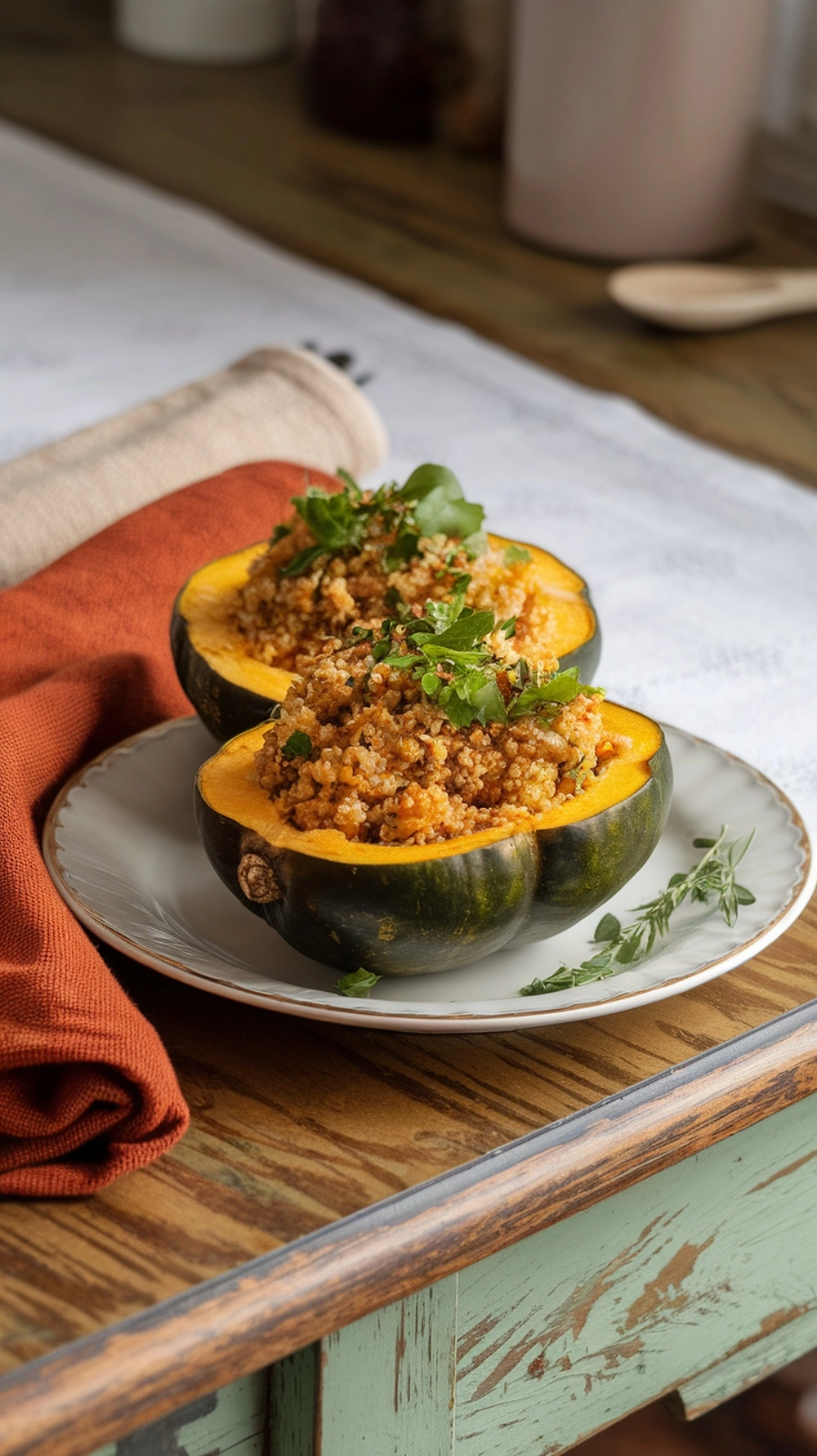 18 Easy and Delicious Fall Dinner Ideas for Cozy Nights 7 Stuffed acorn squash halves filled with quinoa and herbs on a plate
