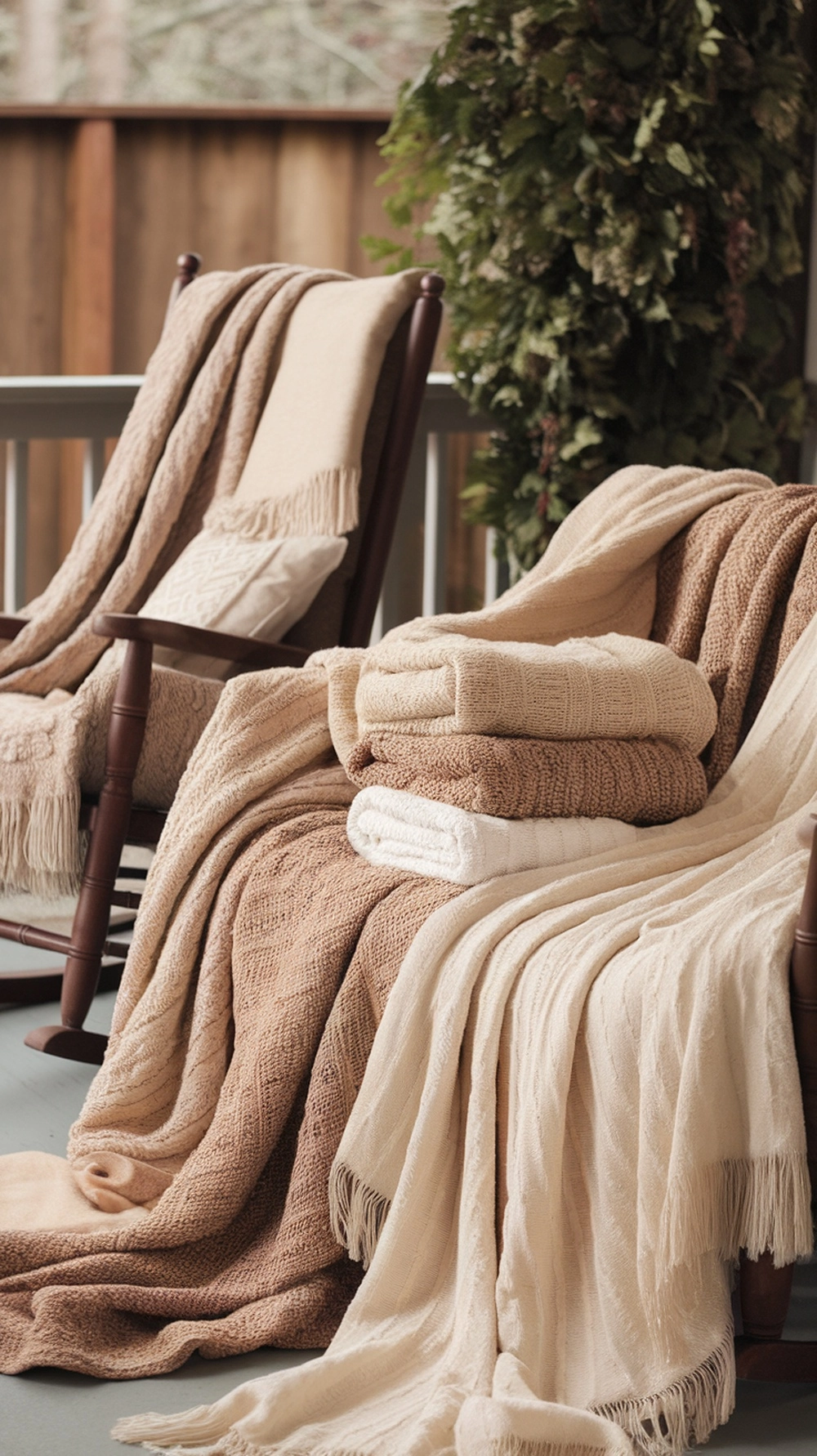 18 Cozy Fall Porch Decor Ideas to Welcome Autumn 7 A cozy porch with textured throws and blankets draped over rocking chairs, showcasing warm neutral tones.