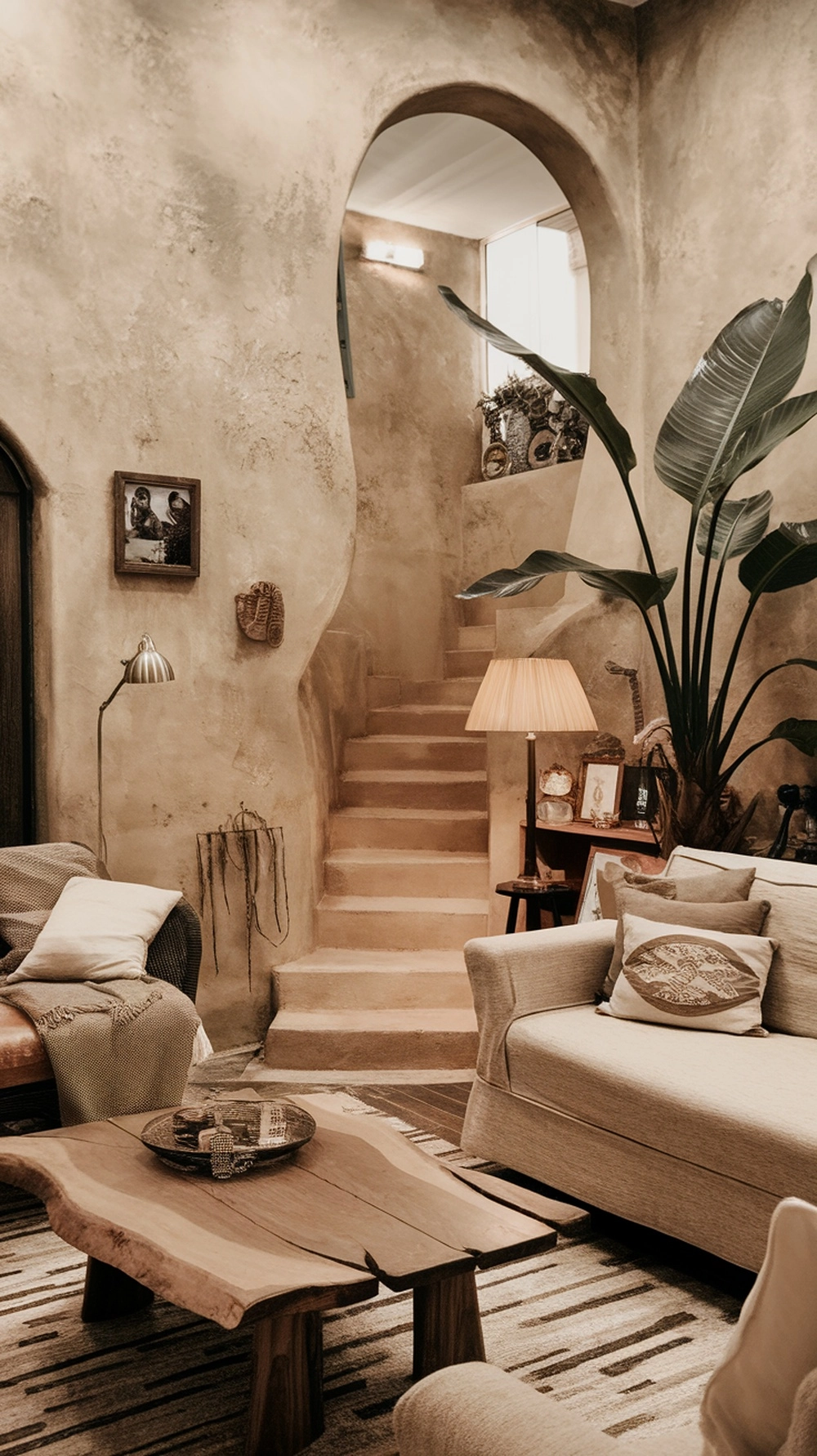 How to Create a Warm Apartment Aesthetic with Cozy Decor 13 A cozy living space with textured walls, featuring a staircase, plants, and warm lighting.