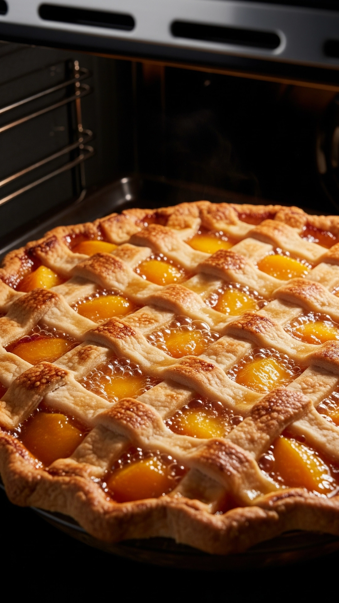 The Ultimate Fresh Peach Pie Recipe (How to Get It Perfect) 9 A dramatic shot from inside a dark oven, looking at a perfectly baked fresh peach pie glowing with warmth, its lattice crust deep golden-brown and the filling bubbling.