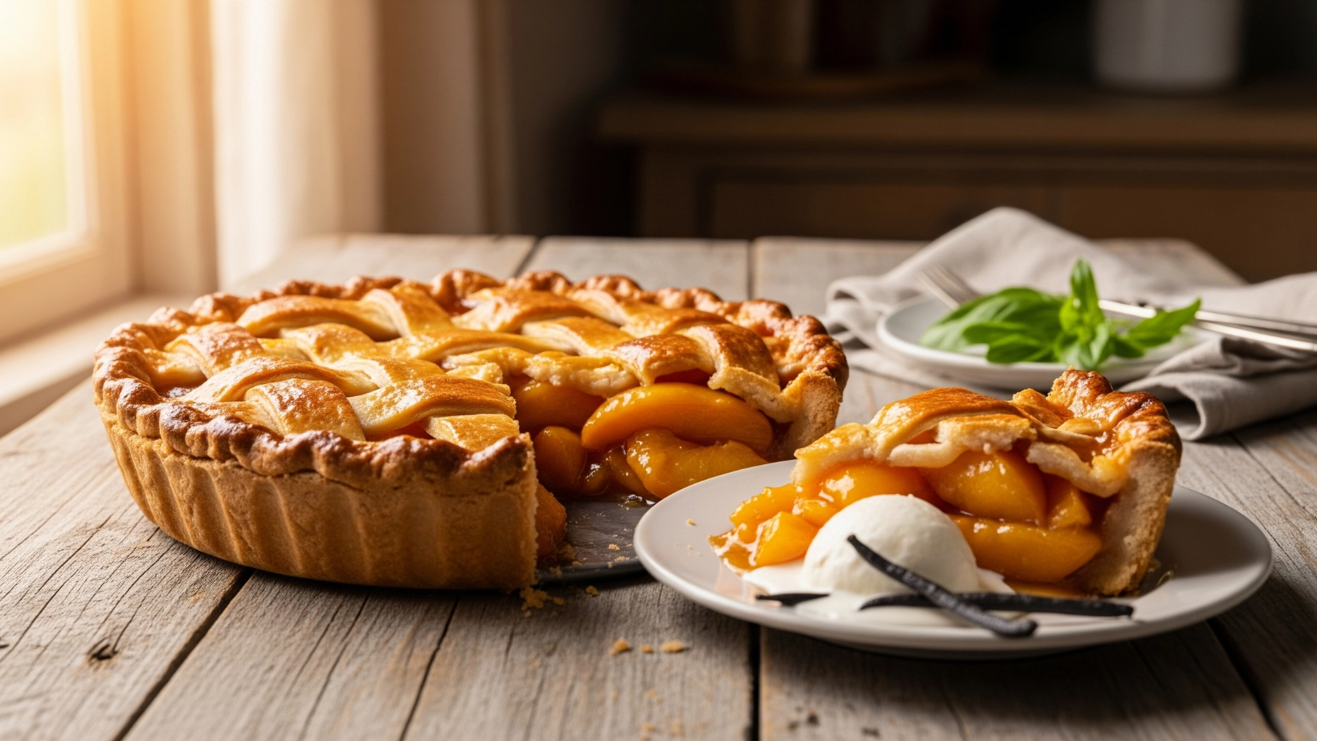 A stunning, rustic fresh peach pie with a golden-brown lattice crust, sitting on a wooden table in warm sunlight. A slice has been removed, revealing the thick, juicy peach filling inside.