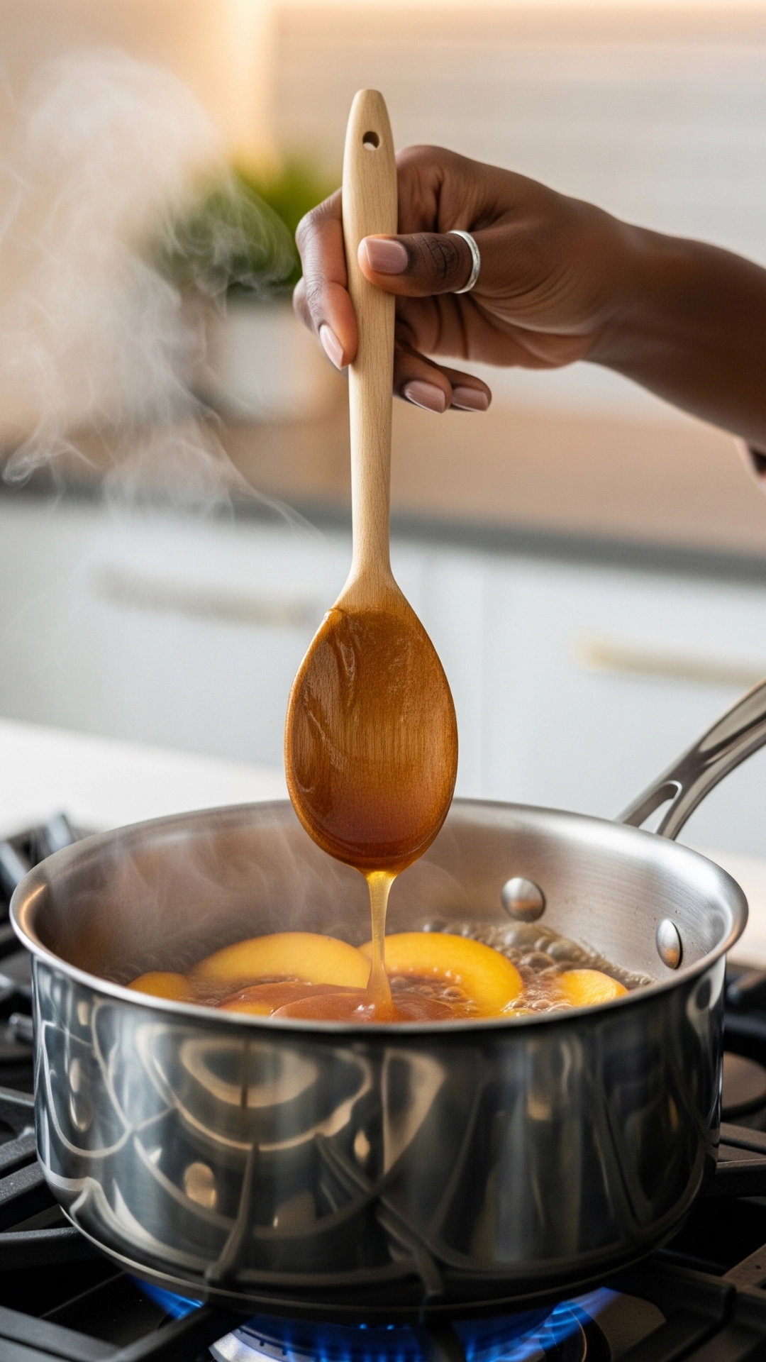 The Ultimate Fresh Peach Pie Recipe (How to Get It Perfect) 5 A close-up action shot of a Black woman's hand holding a wooden spoon coated in thick, simmering, amber-colored peach syrup, lifted from a stainless steel saucepan.