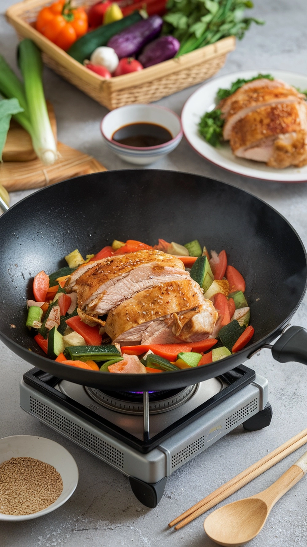 Low-Calorie Dinner Recipes Under 500 Calories 9 A colorful turkey and vegetable stir-fry in a wok, with fresh vegetables and soy sauce on the side.