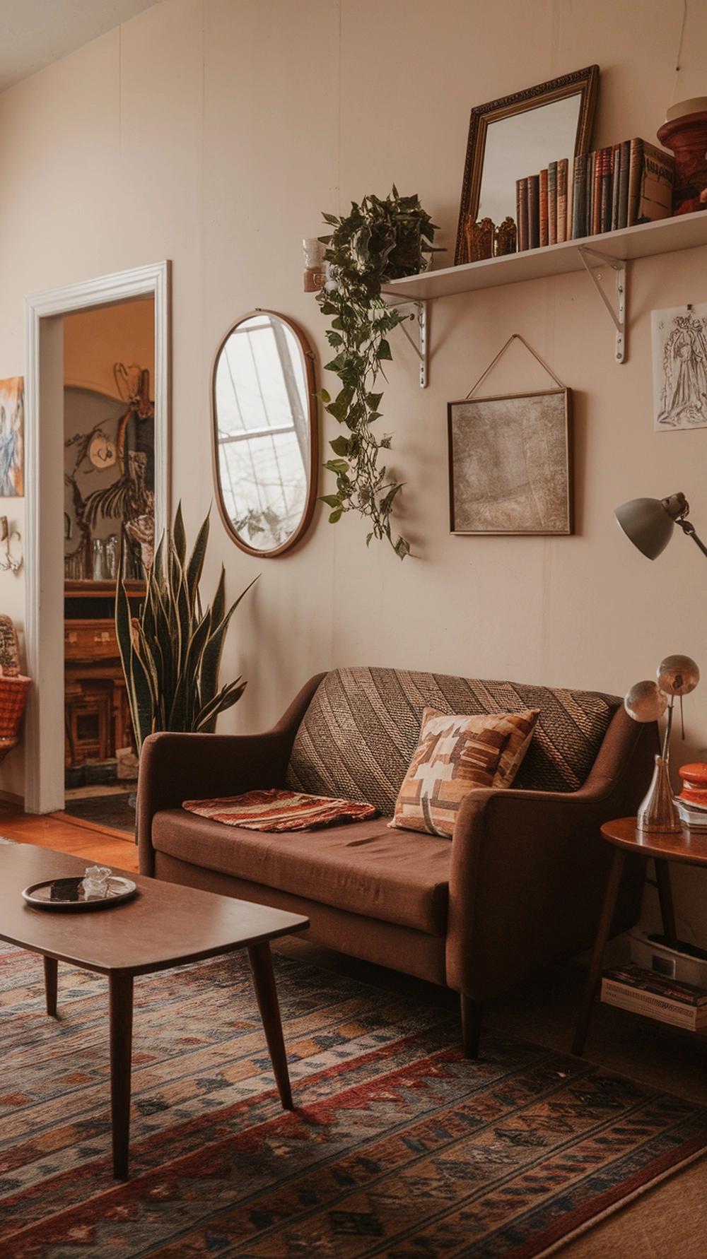 How to Create a Warm Apartment Aesthetic with Cozy Decor 14 Cozy living room with a brown sofa, vintage decor, and plants