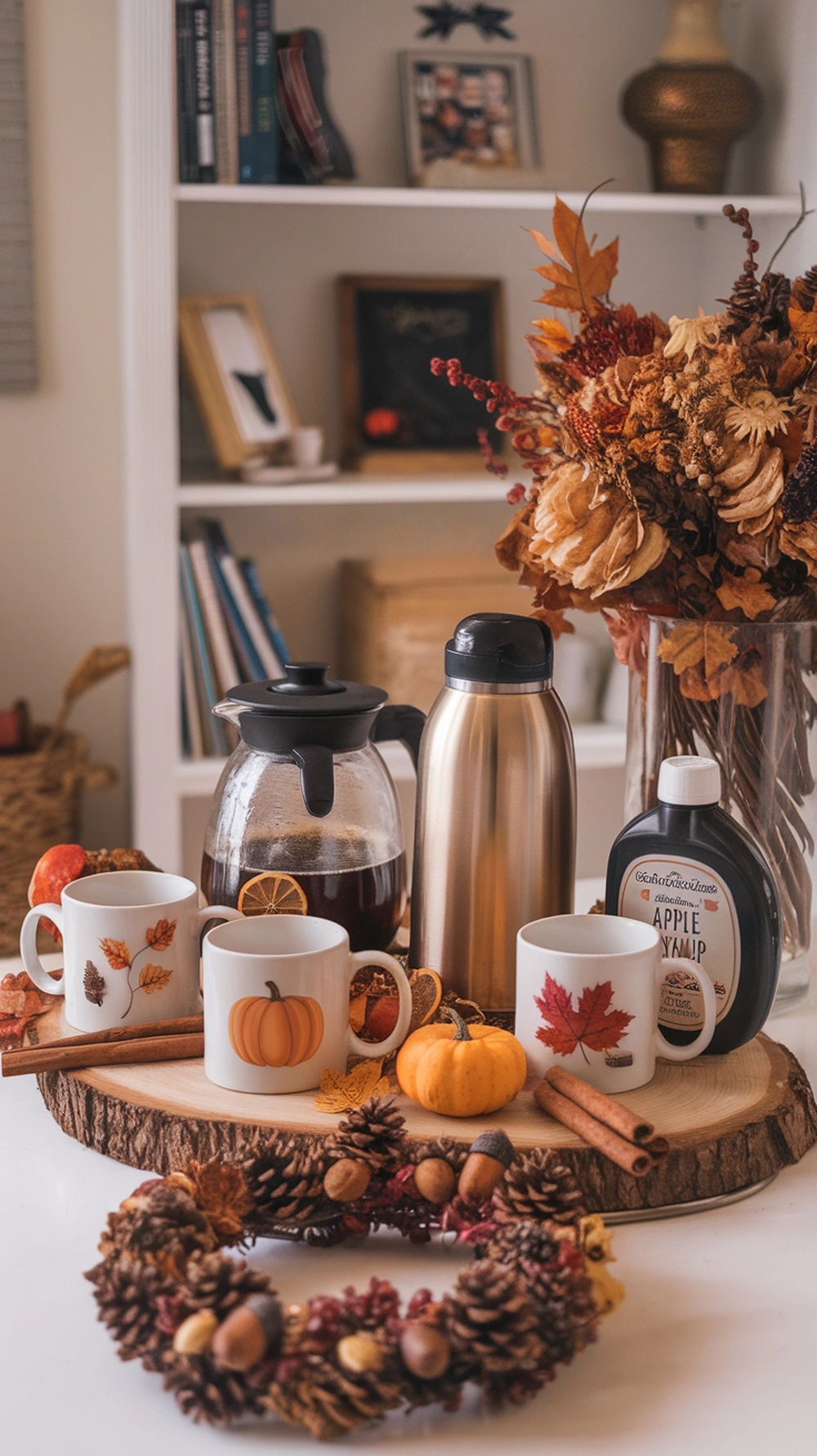 A warm beverage station featuring fall-themed mugs, a coffee pot, and autumn decorations.