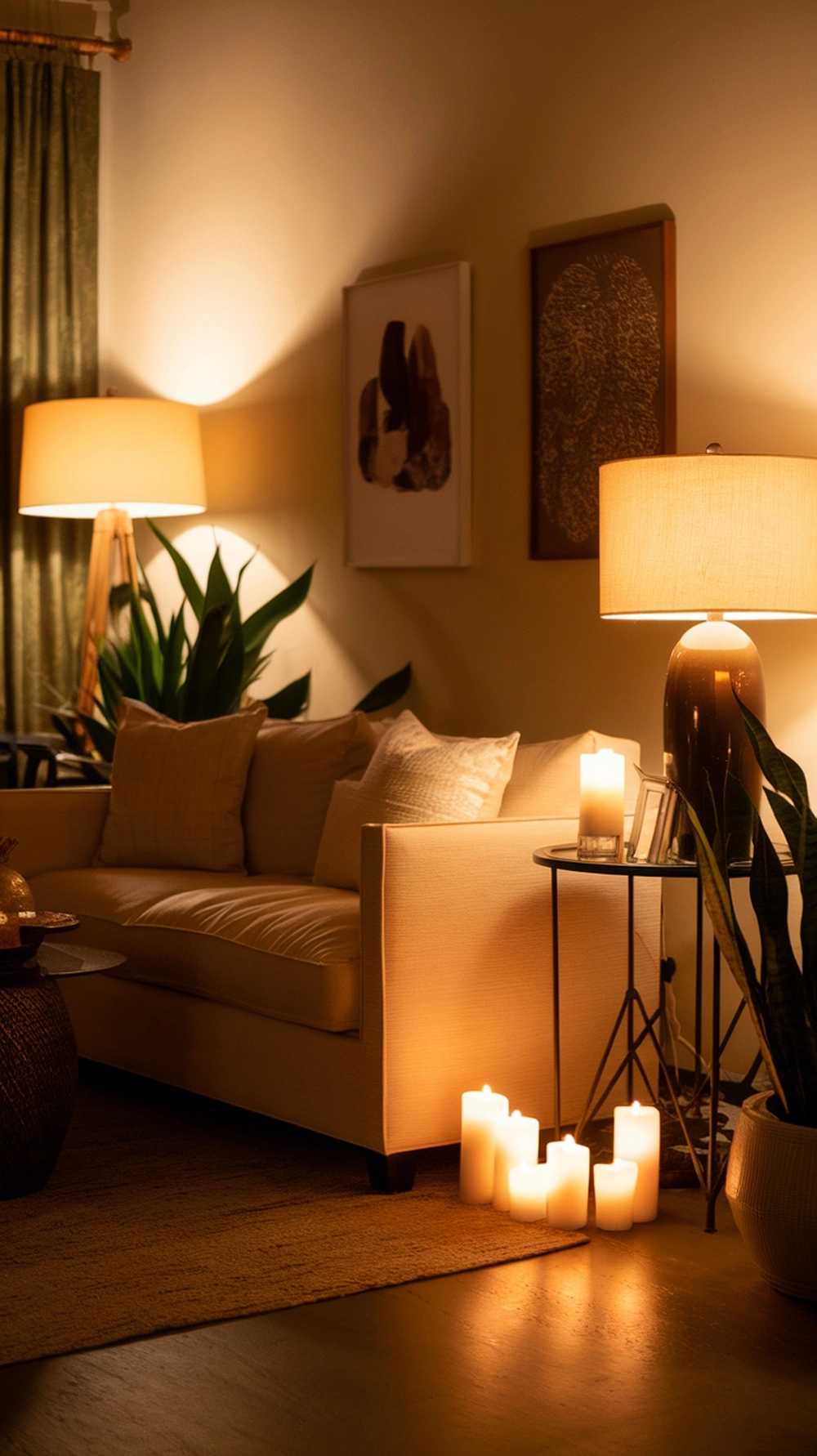 Cozy living room with warm lighting, featuring a sofa, candles, and decorative elements.