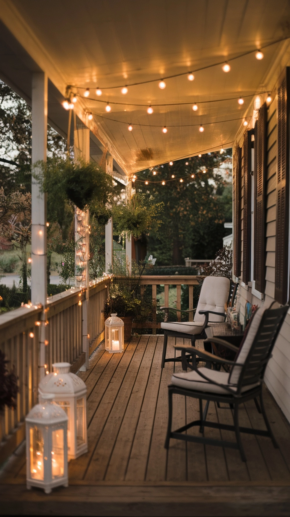 18 Cozy Fall Porch Decor Ideas to Welcome Autumn 2 A cozy porch decorated with warm string lights and lanterns, creating an inviting atmosphere for fall.