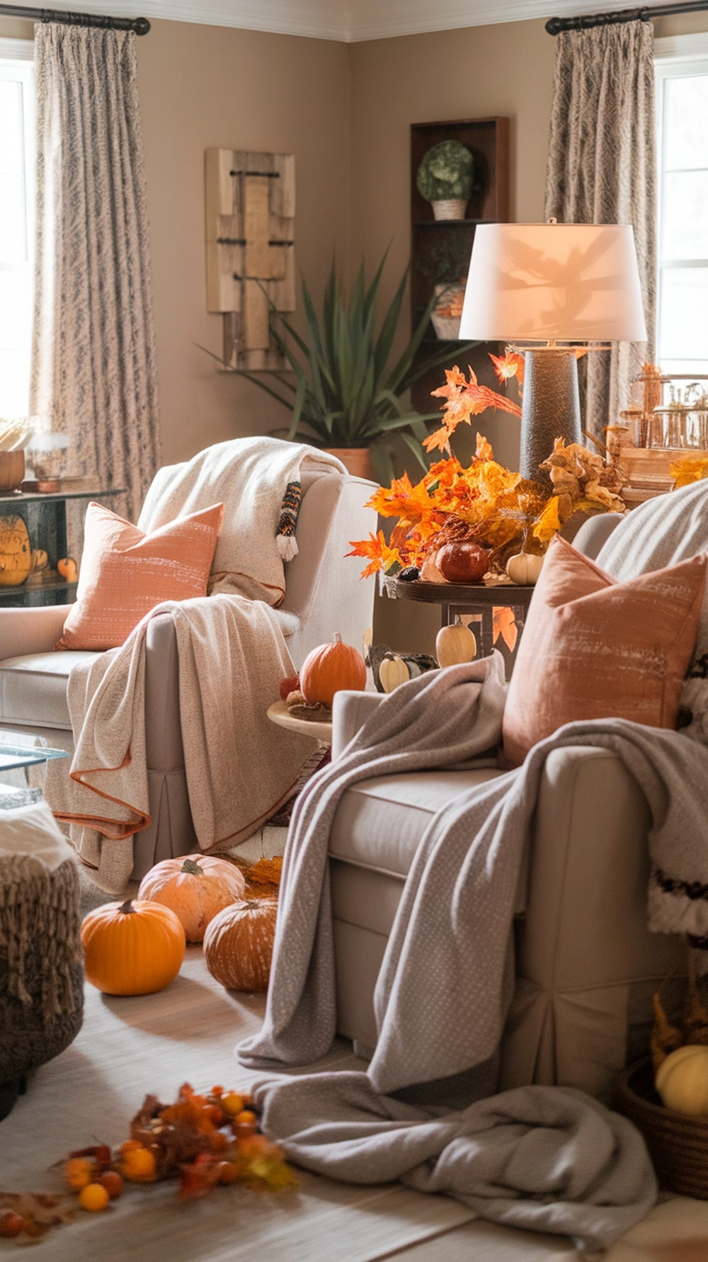 Cozy fall living room with warm textiles, pumpkins, and soft lighting.