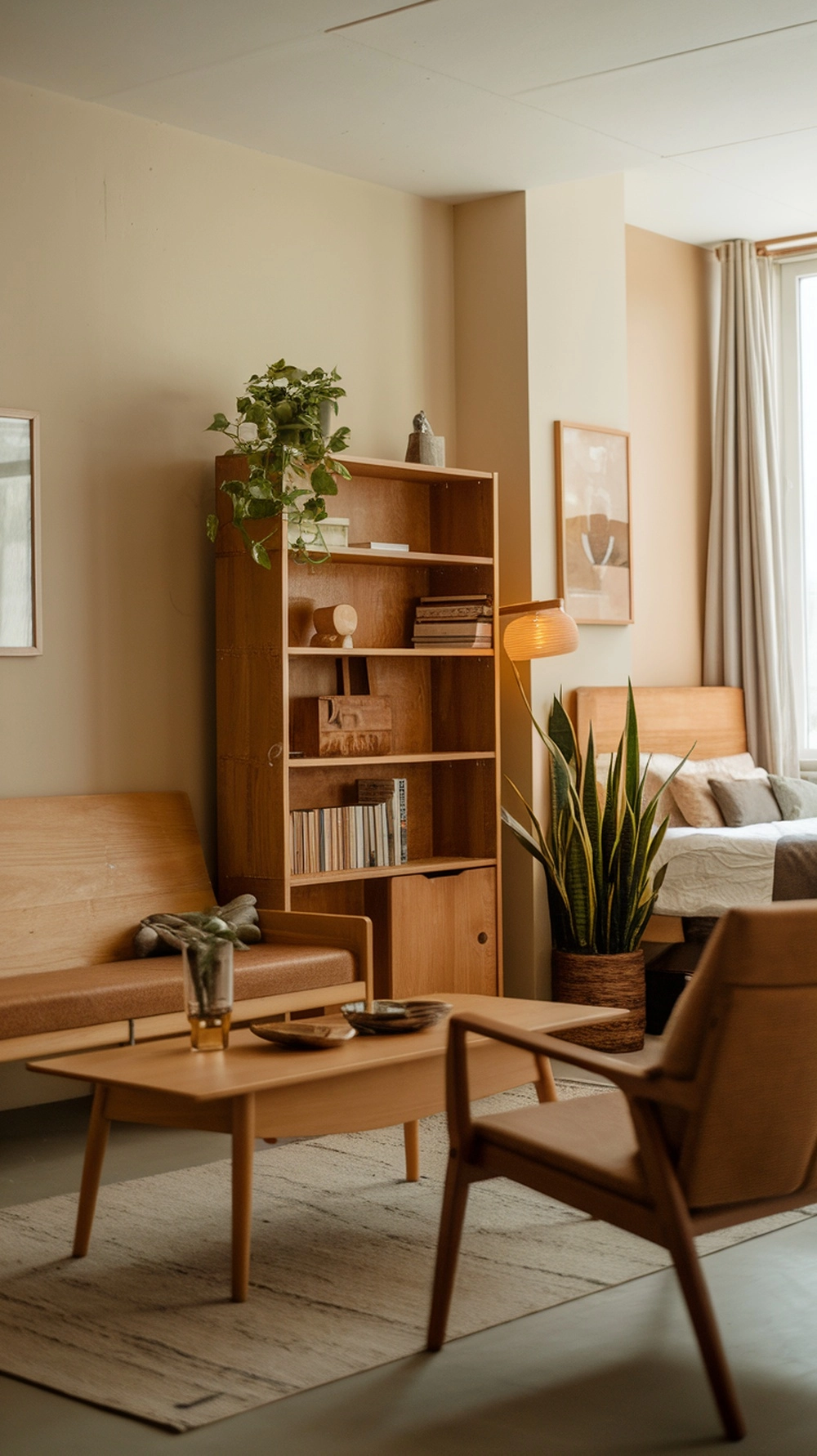 How to Create a Warm Apartment Aesthetic with Cozy Decor 16 A cozy living space featuring warm wood accents, a bookshelf, and plants.