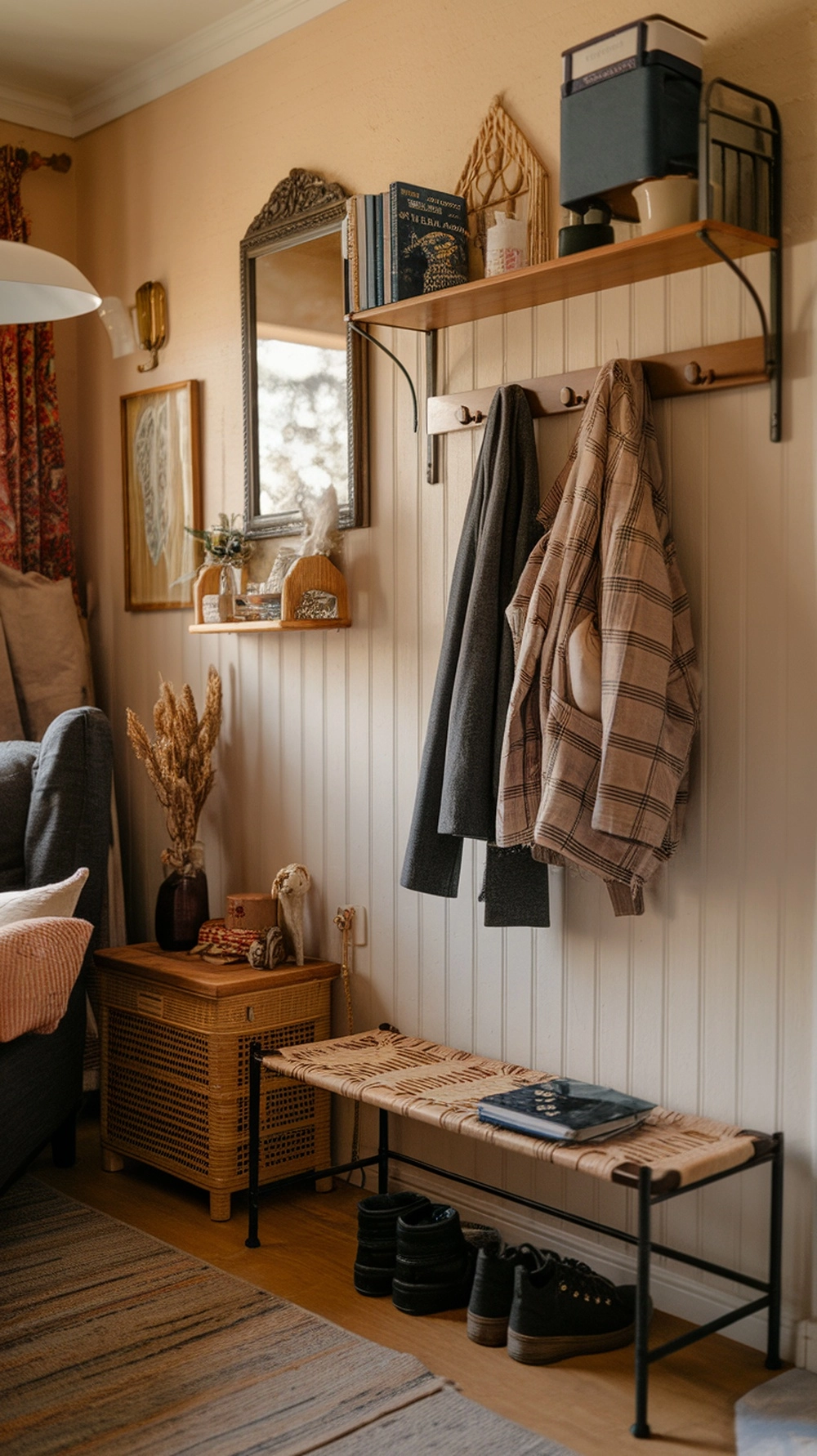 How to Create a Warm Apartment Aesthetic with Cozy Decor 17 A cozy entryway with a wooden shelf, mirror, and hanging jackets, showcasing a warm apartment aesthetic.
