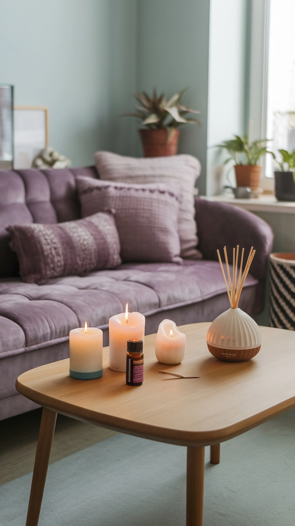 How to Create a Warm Apartment Aesthetic with Cozy Decor 11 A cozy living room with a purple sofa, candles, and a diffuser on a wooden table.